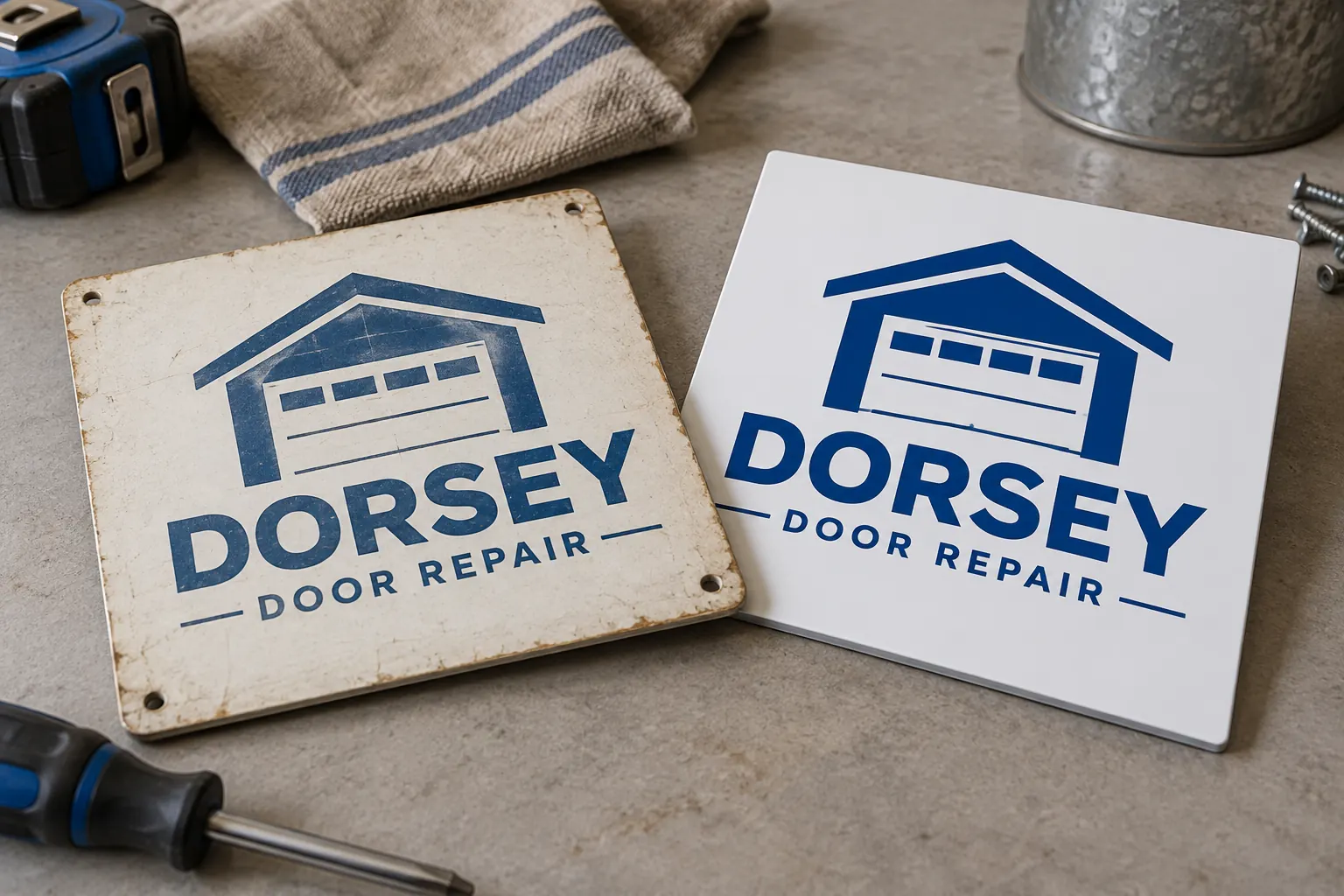 Fleet Graphics Replacement Color Sample Record — fictional commercial concept Fictional Dorsey Door Repair old and new graphic samples used as a color-reference planning concept