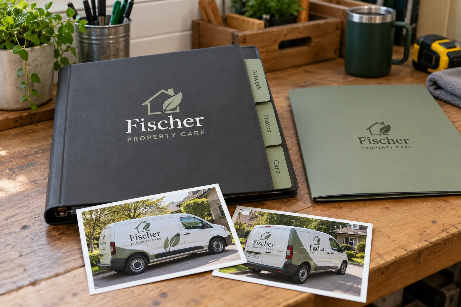 Fleet Graphics Retention and Closeout Record — fictional commercial concept Fictional Fischer Property Care binder and van photographs illustrating a graphics closeout record concept