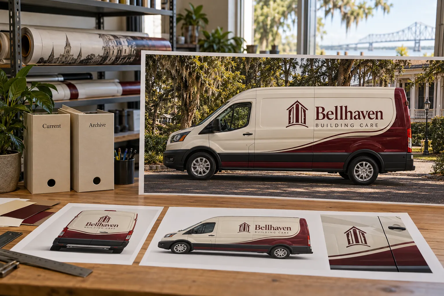 Fleet Graphics Retired Artwork Archive — fictional commercial concept Fictional Bellhaven Building Care artwork review with clearly separated Current and Archive folders