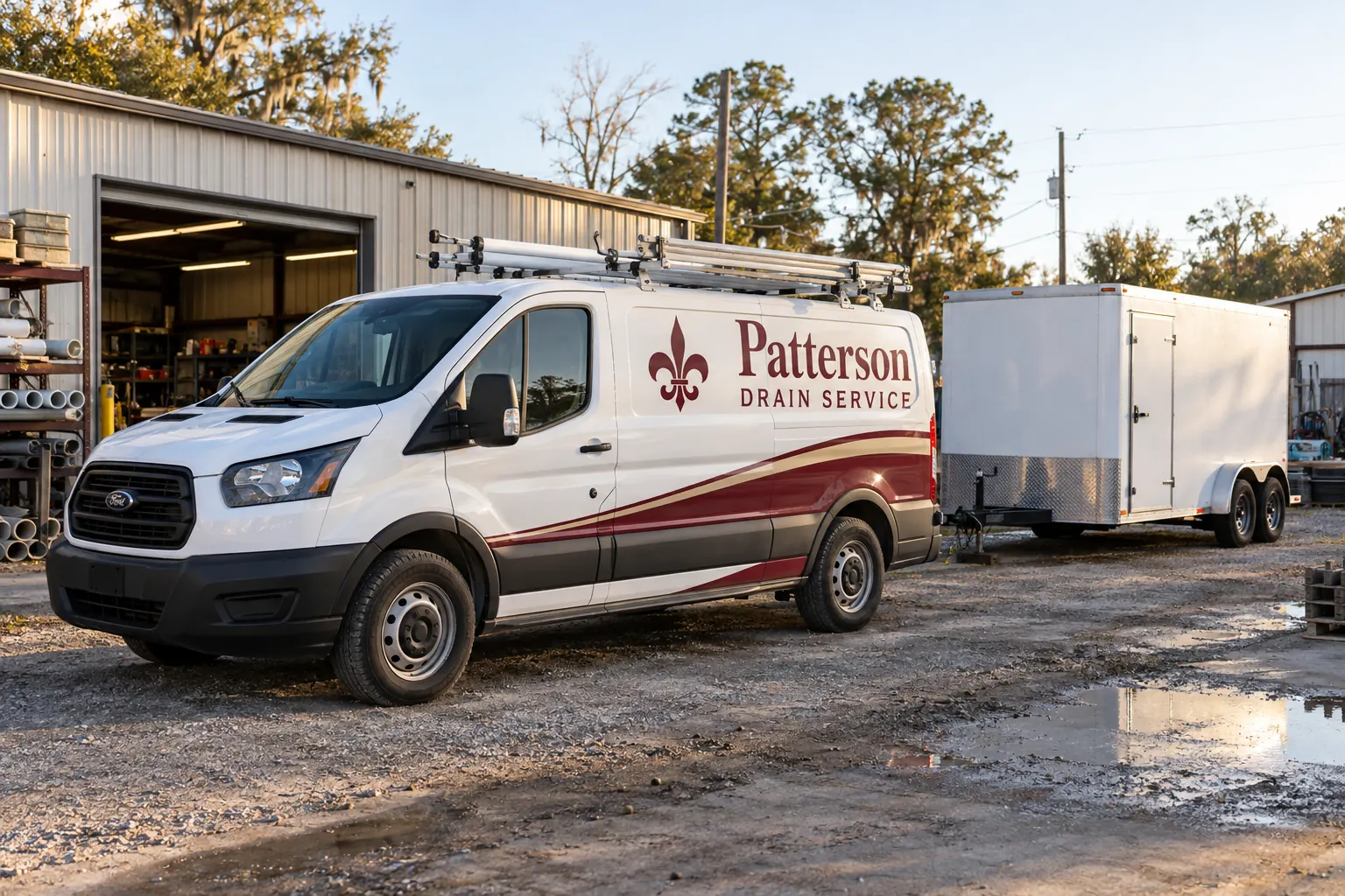 Fleet Graphics Scope Exclusions Checklist — fictional commercial concept Fictional Patterson Drain Service van and separate plain trailer illustrating graphics scope boundaries