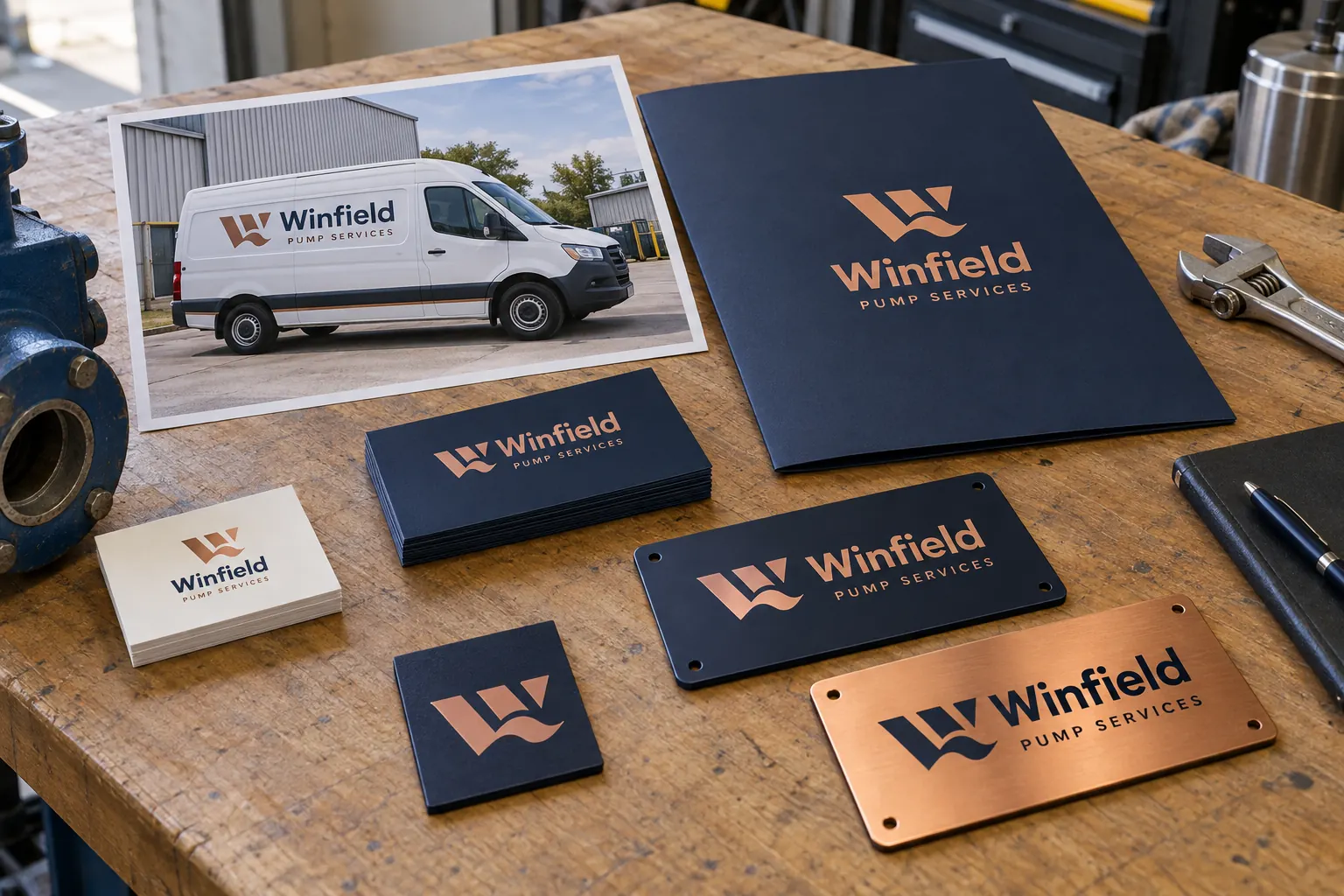 Fictional Winfield Pump Services navy and copper sample pieces beside a van reference photograph