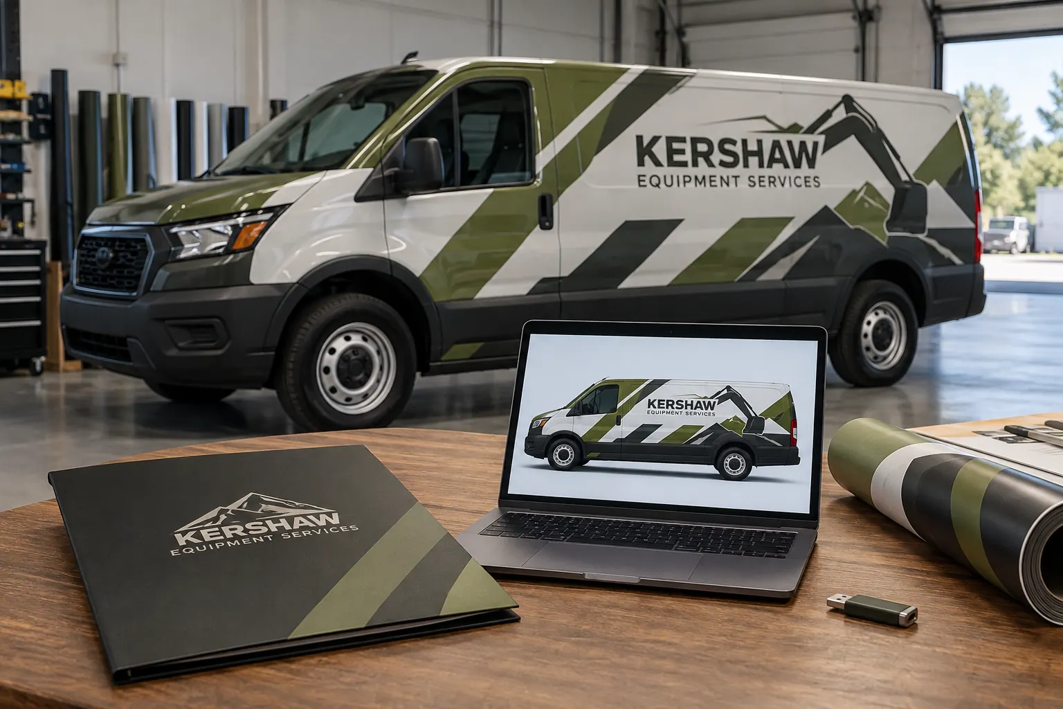 Fleet Graphics Supplier File Access Checklist — fictional commercial concept Fictional Kershaw Equipment Services file-review concept with a project folder and vehicle artwork preview