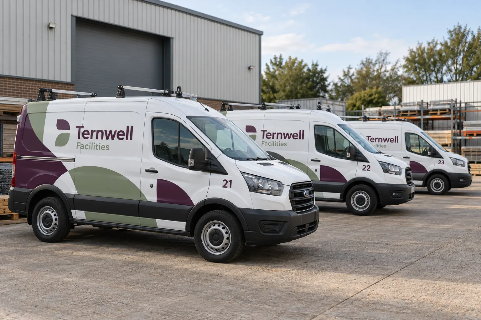 Fleet Graphics Unit ID Register — fictional commercial concept Ternwell Facilities vans numbered 21, 22 and 23, fictional unit-register concept