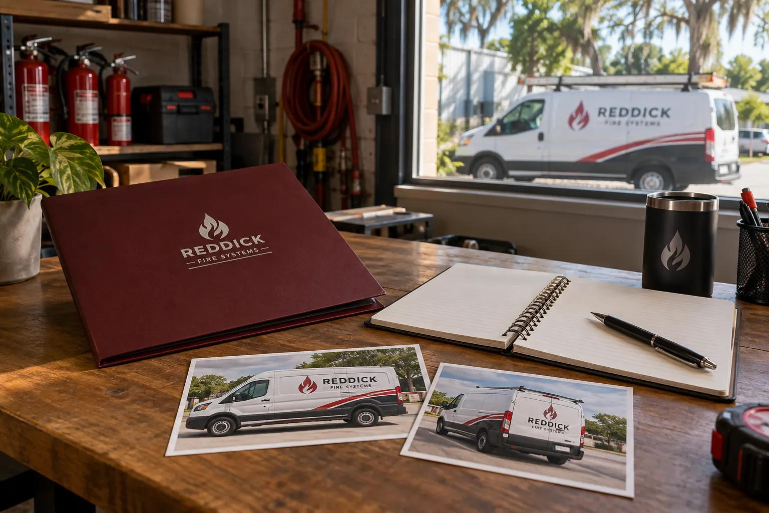 Fleet Graphics Vendor Question Log — fictional commercial concept Fictional Reddick Fire Systems project notebook and van photographs illustrating a vendor question log concept