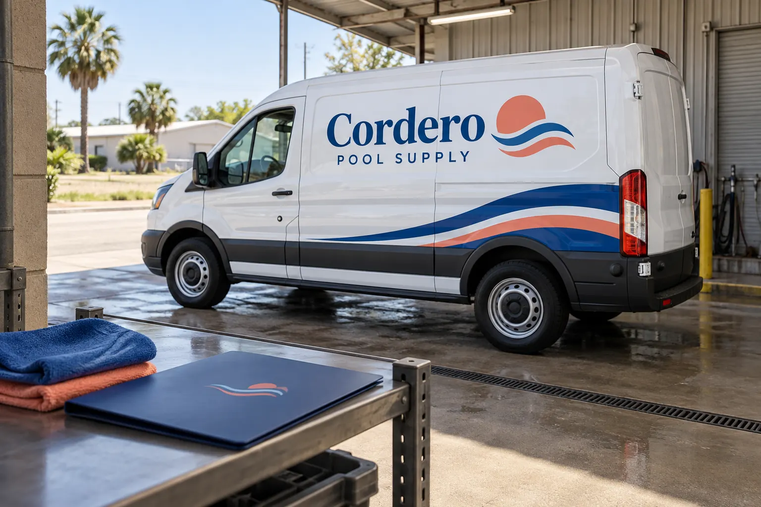 Fleet Graphics Wash Provider Handoff — fictional commercial concept Fictional Cordero Pool Supply van and plain care folder used as a wash-provider handoff concept