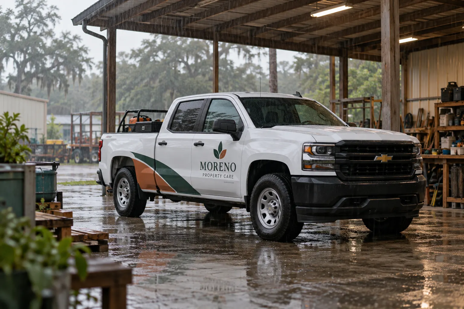 Fleet Graphics Weather Delay Communication Plan — fictional commercial concept Fictional Moreno Property Care pickup under a modest shelter during rain as a project communication concept