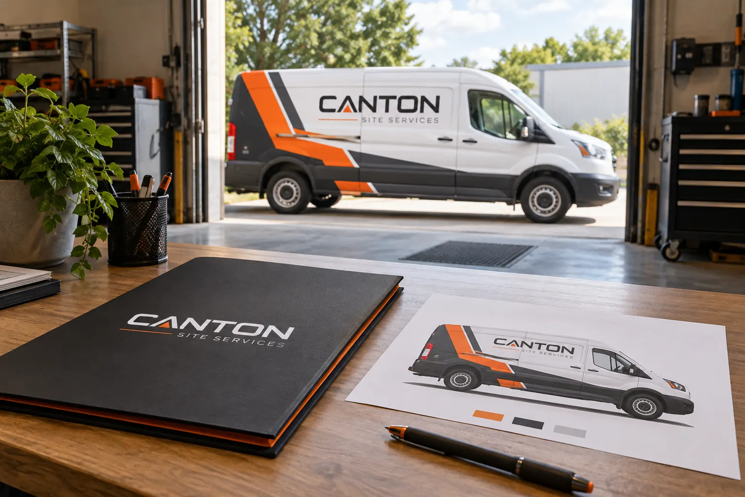 Fleet Graphics Work Order Release Checklist — fictional commercial concept Fictional Canton Site Services graphics project folder and van concept used for work instruction planning
