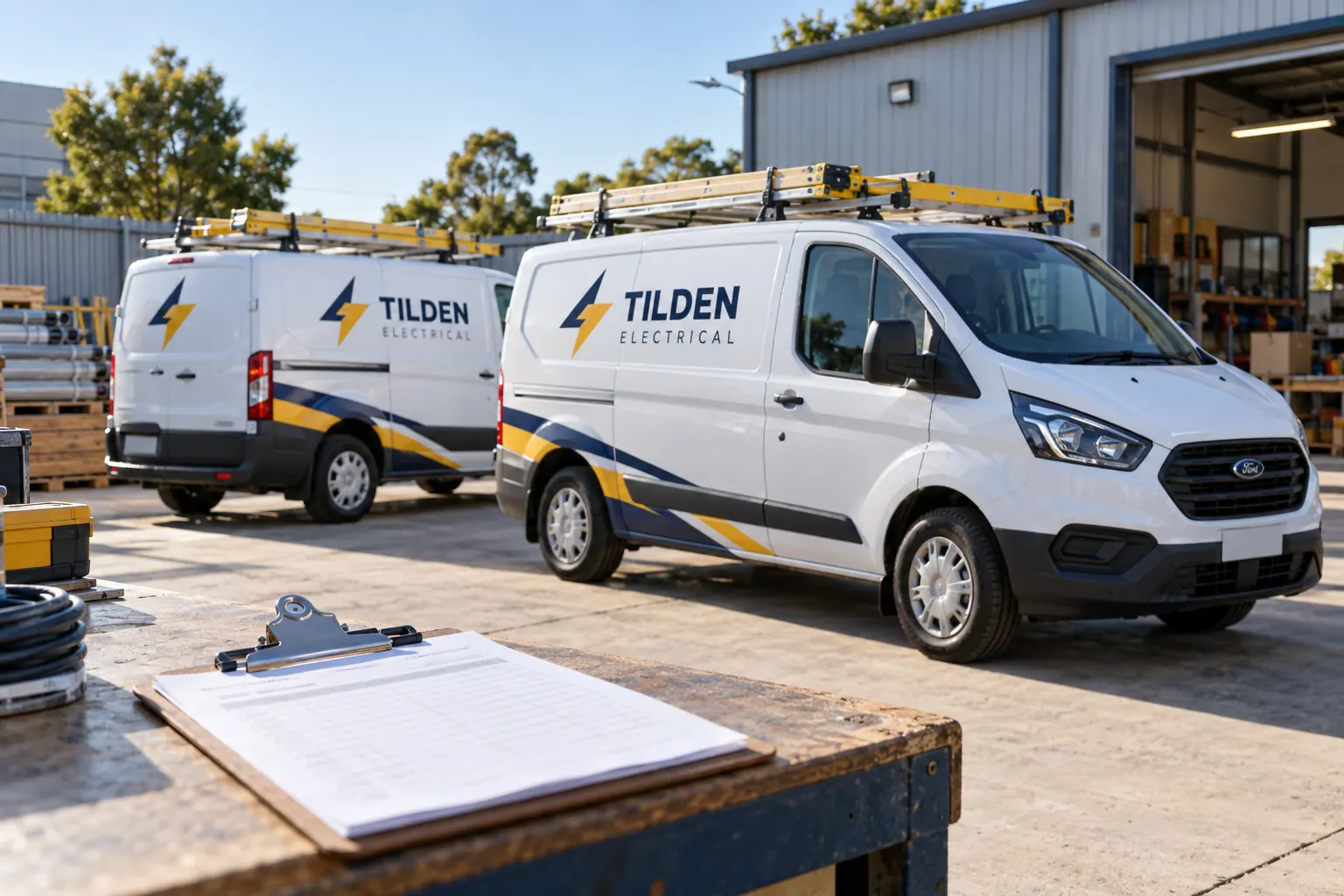 Fleet Installation Driver Assignment Sheet — fictional commercial concept Fictional Tilden Electrical vans and a plain coordination clipboard used as a driver-assignment planning concept