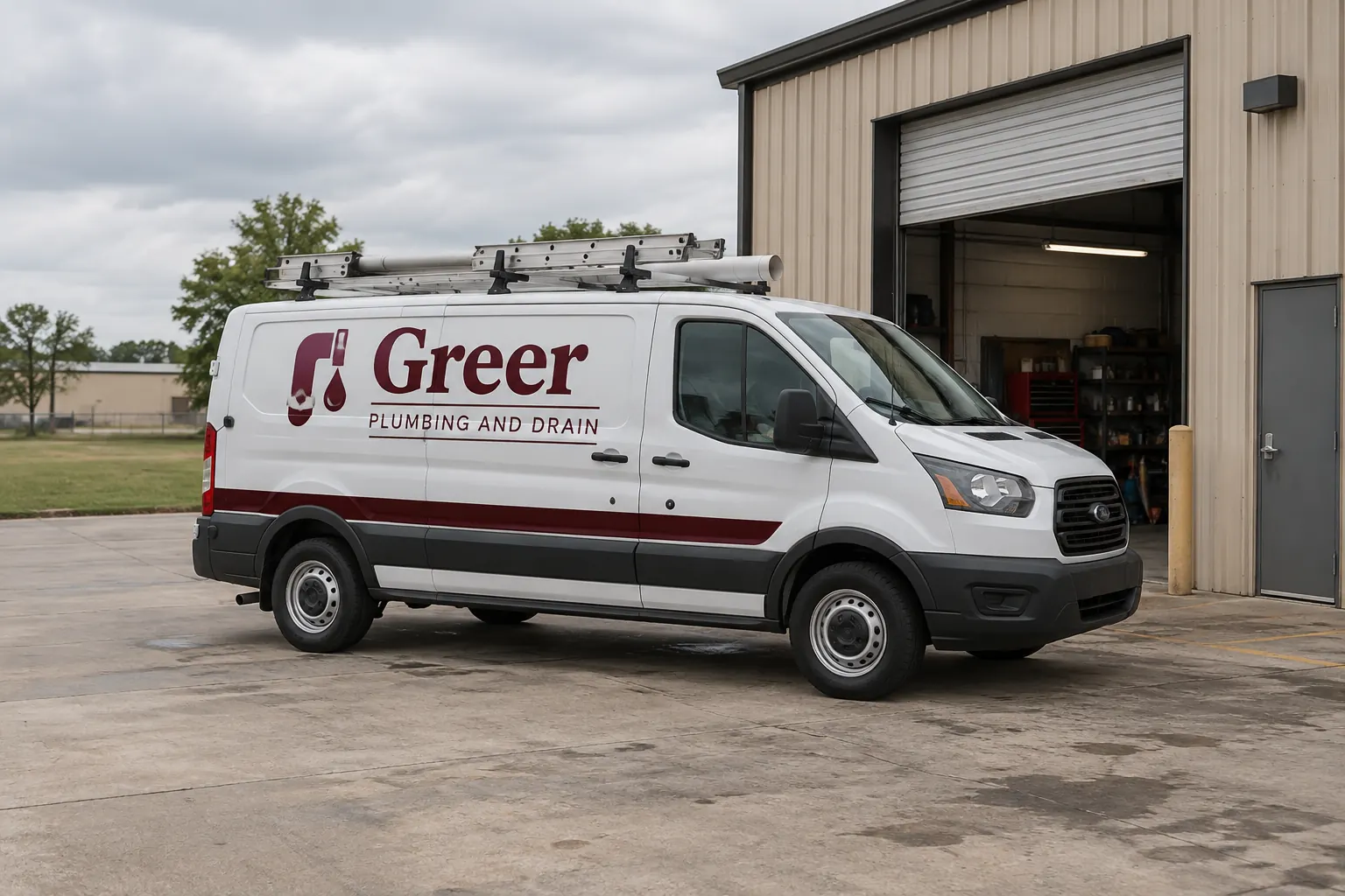 Fictional Greer Plumbing and Drain van on a modest commercial forecourt used as a location-planning concept