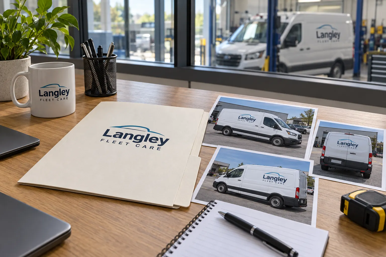 Fleet Logo File Ownership Checklist — fictional commercial concept Fictional Langley Fleet Care logo folder and van survey photographs on a workshop desk