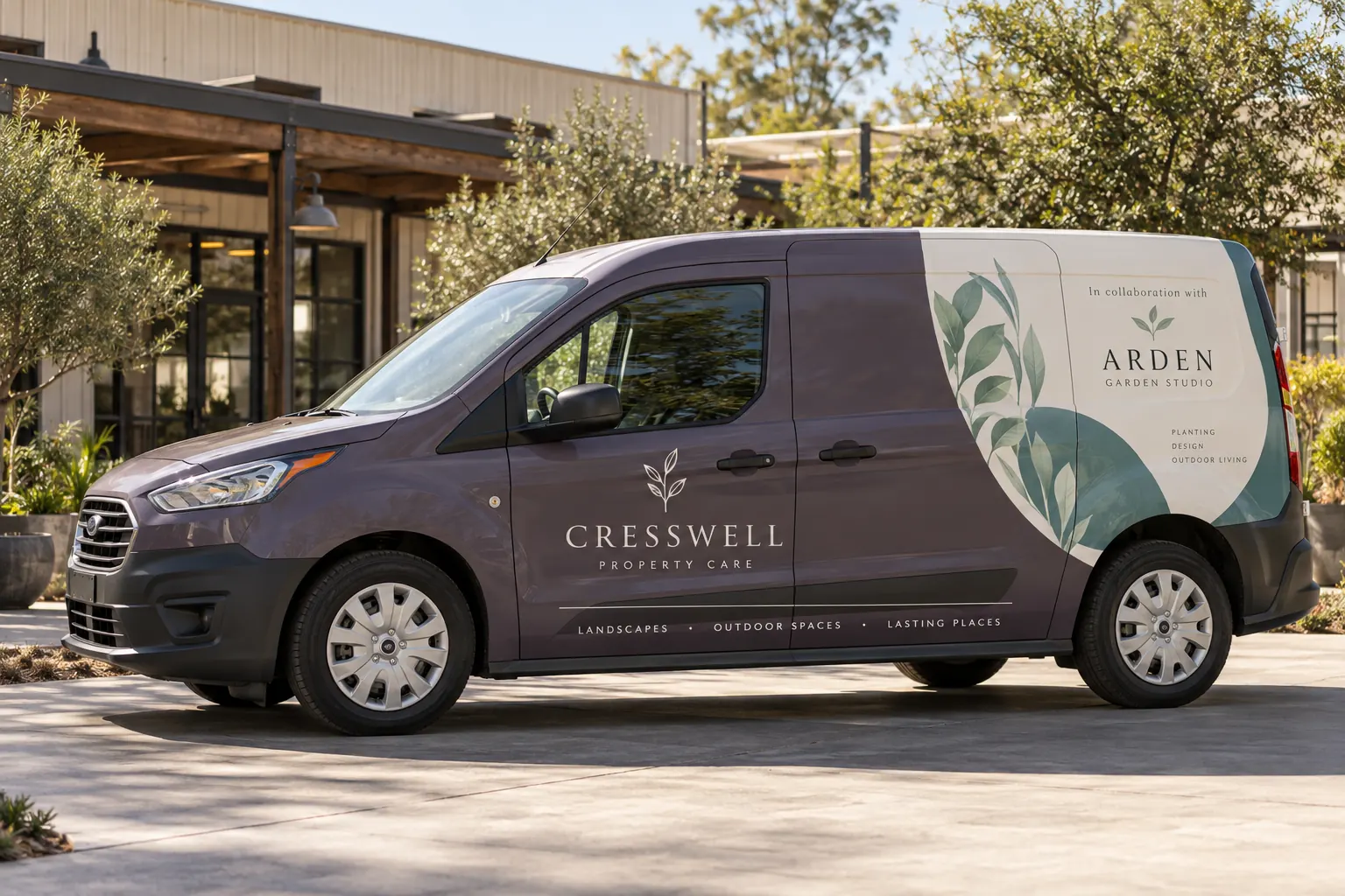 Fleet Temporary Partnership Graphics Plan — fictional commercial concept Fictional Cresswell Property Care van with a distinct Arden Garden Studio collaboration treatment