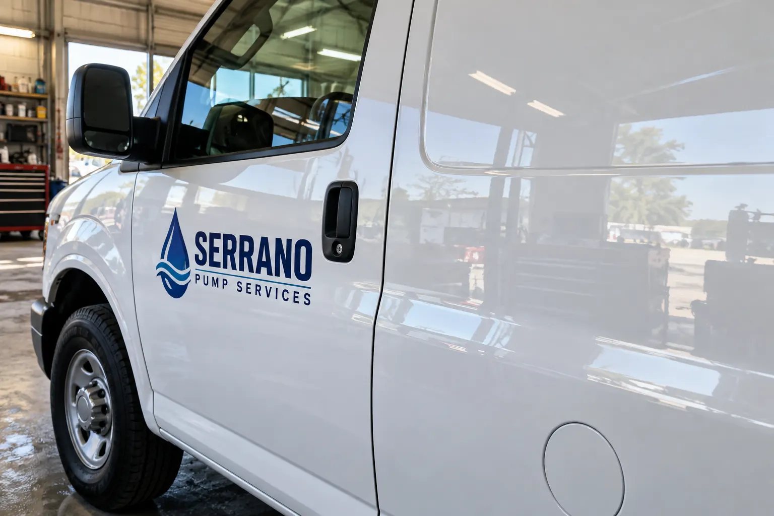 Fleet Vehicle Coating Disclosure for Graphics — fictional commercial concept Fictional Serrano Pump Services van panel used as a surface-history disclosure concept without a coating-test claim