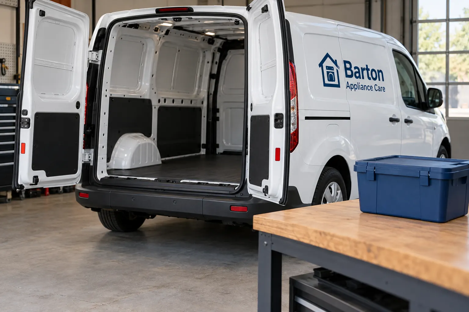 Fleet Vehicle Contents Removal Checklist — fictional commercial concept Fictional Barton Appliance Care van with an uncluttered cargo area and plain tote used as a preparation concept