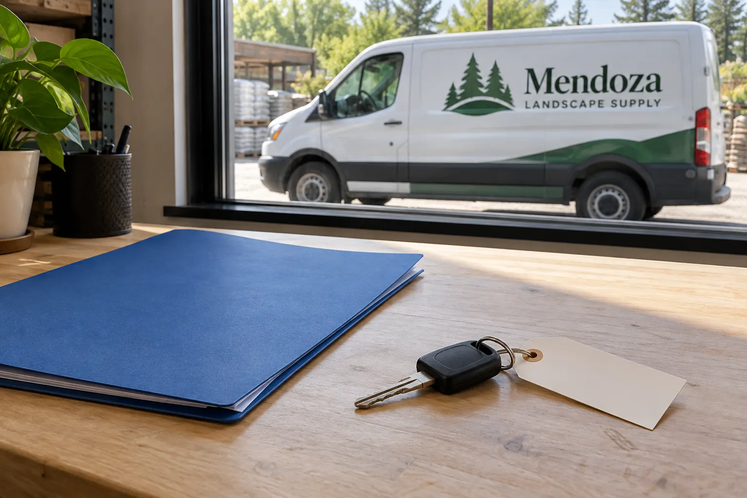 Fictional Mendoza Landscape Supply vehicle handoff concept with an ordinary key and blank project tag