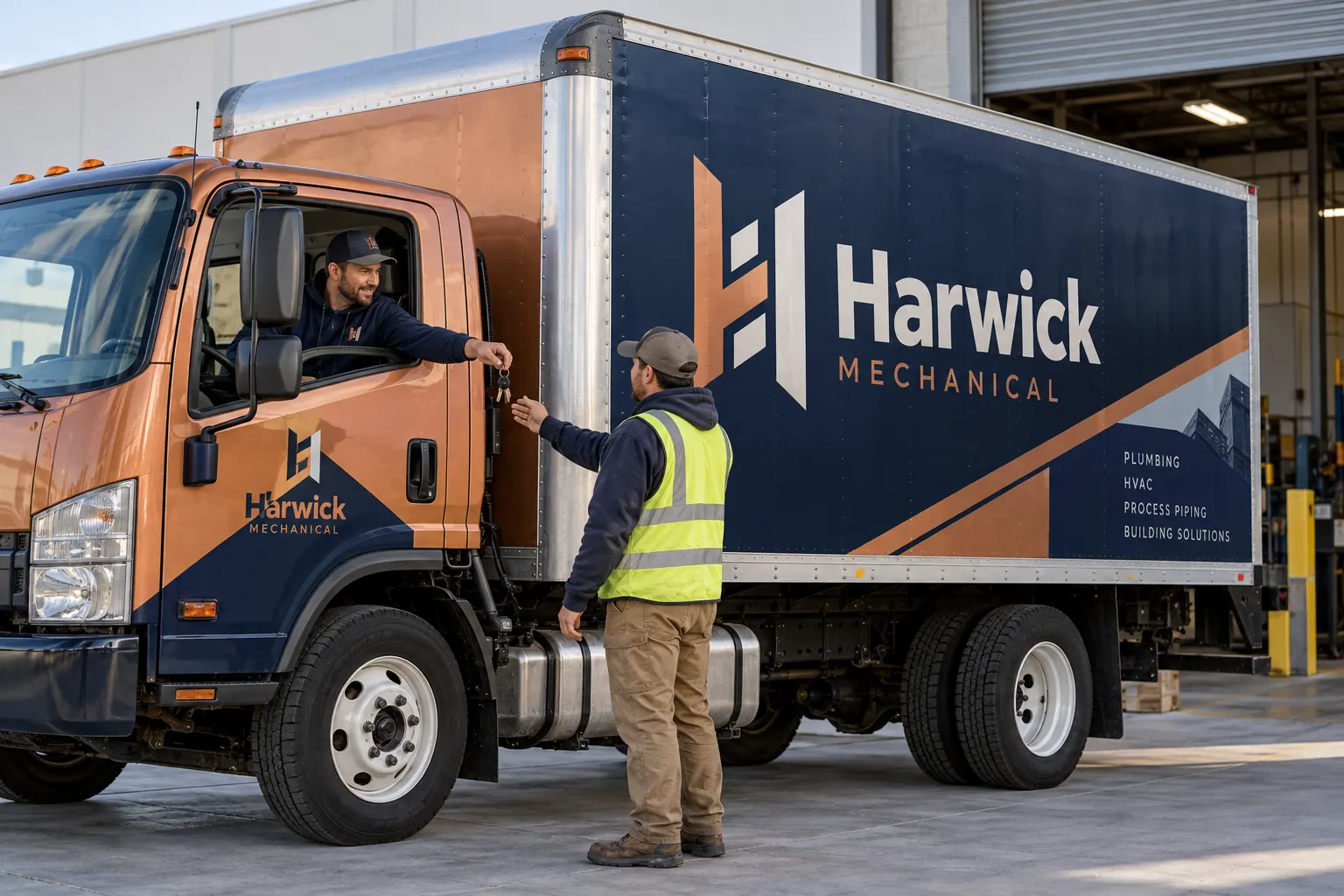 Fleet Vehicle Release Form for Graphics Work — fictional commercial concept Harwick Mechanical box truck and vehicle key handoff, fictional release planning concept