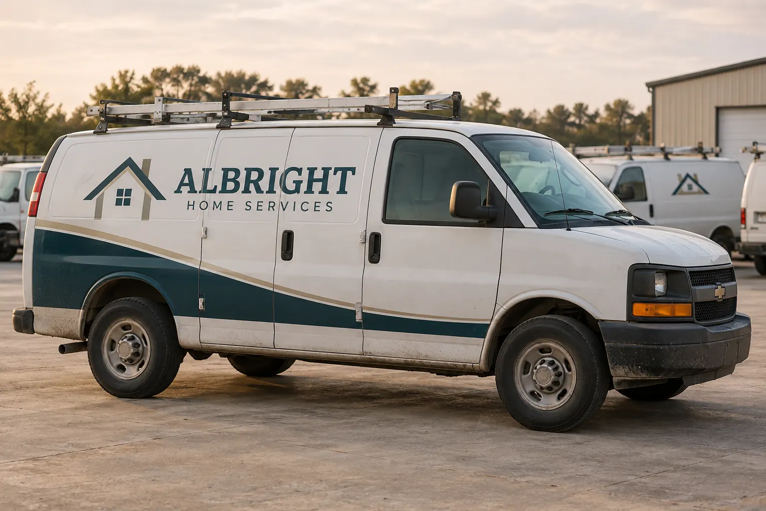Fleet Vehicle Sale Graphics Removal Checklist — fictional commercial concept Fictional Albright Home Services van used as a vehicle-exit graphics planning concept without a sale or removal claim