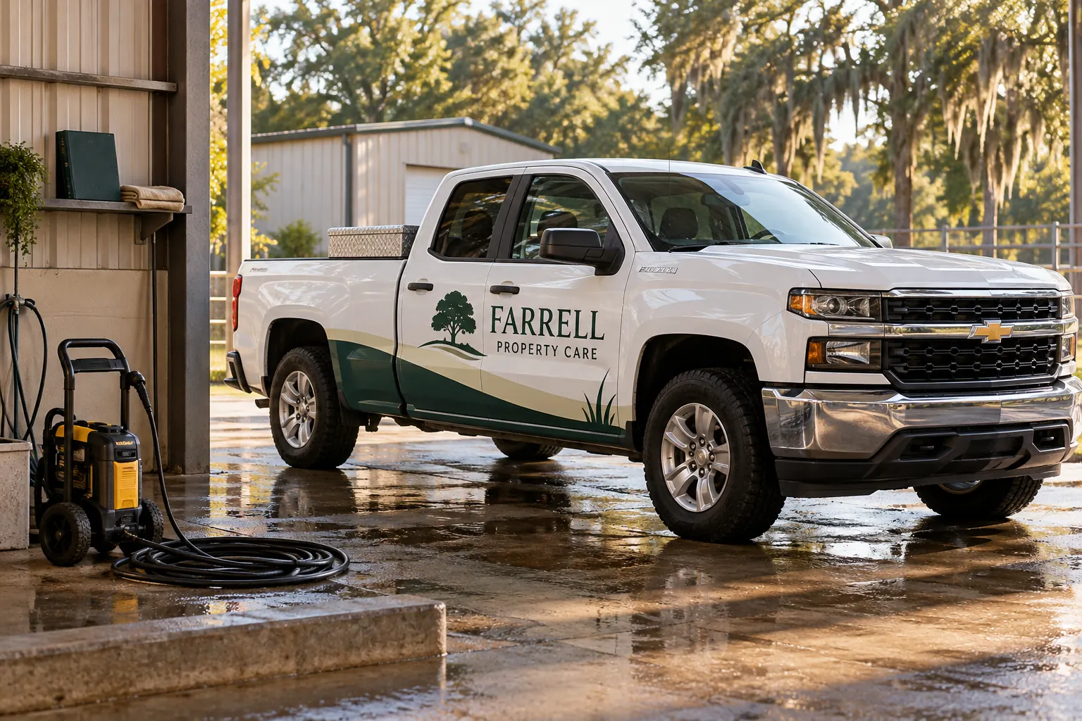 Fleet Wrap Pressure Washing Exception Record — fictional commercial concept Fictional Farrell Property Care truck beside stored wash equipment used as a care-method review concept