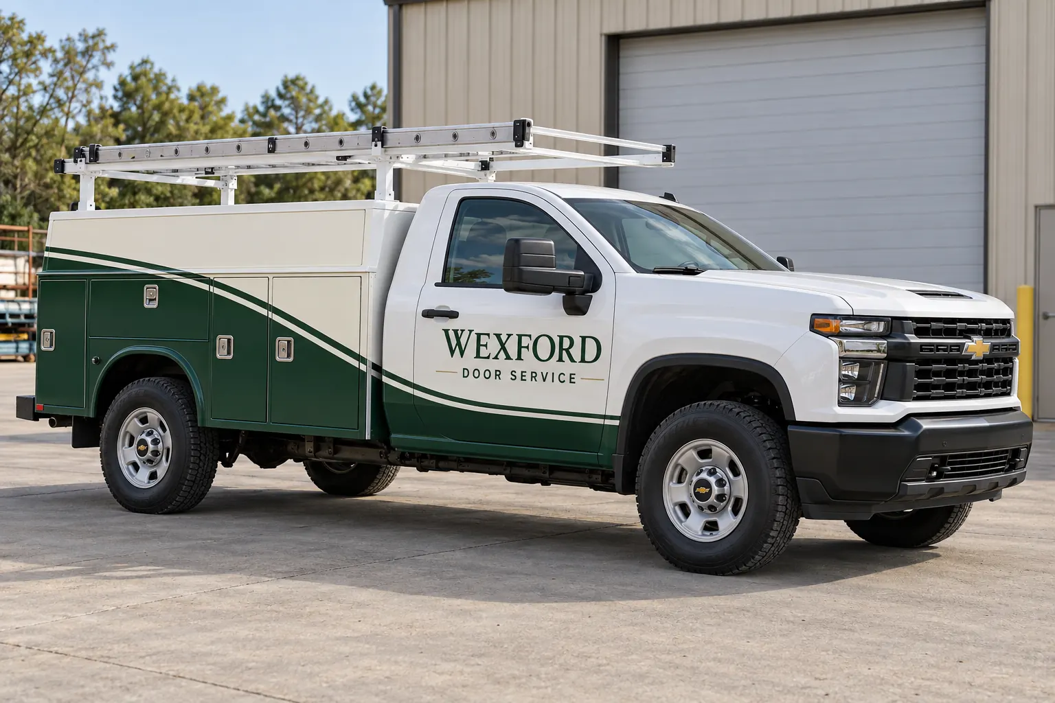 Fictional Wexford Door Service utility pickup with green graphics and a ladder rack