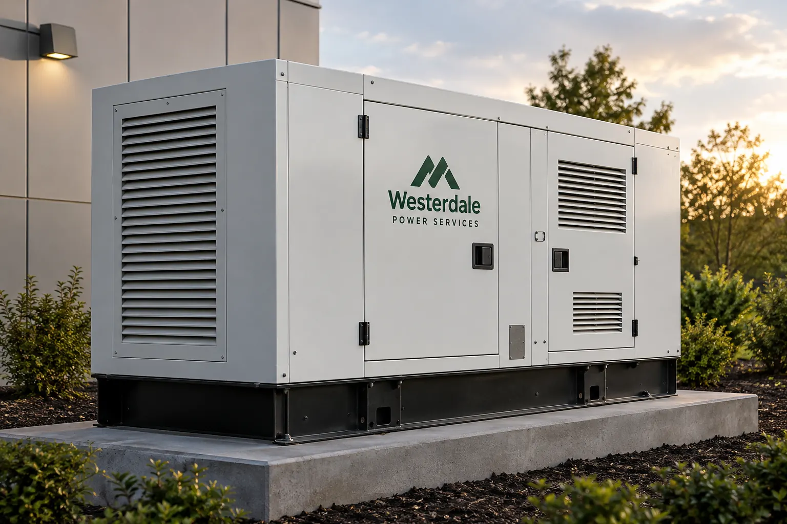 Generator Enclosure Graphics Planning — fictional commercial concept Fictional Westerdale Power Services generator enclosure with modest branding and distinct vents and access features