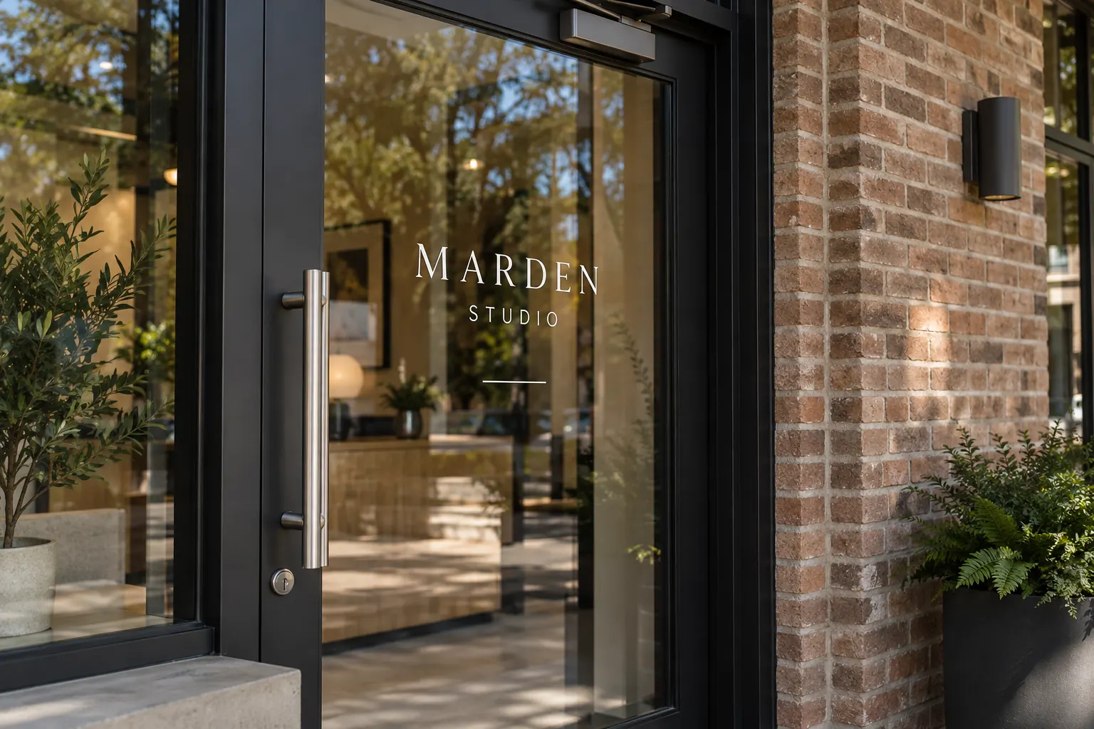 Glass Door Graphics Hardware Clearance — fictional commercial concept Fictional Marden Studio glass door with restrained identity lettering and prominent separate metal hardware