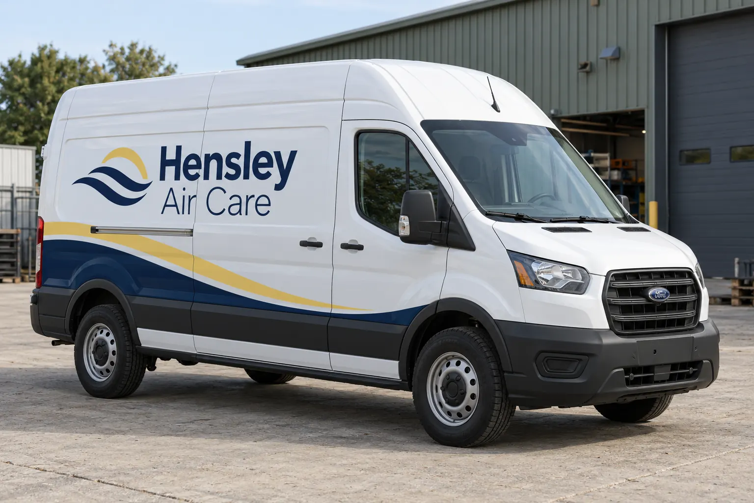 High Roof Van Graphics Sightline Planning — fictional commercial concept Fictional Hensley Air Care high-roof van with navy and yellow middle-body graphics