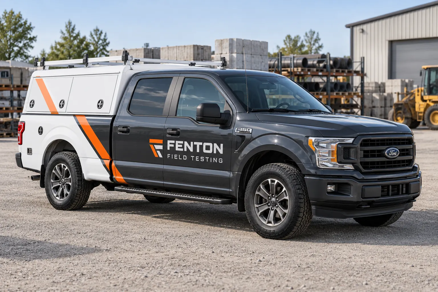 Fictional Fenton Field Testing dark pickup with orange graphics and white equipment canopy