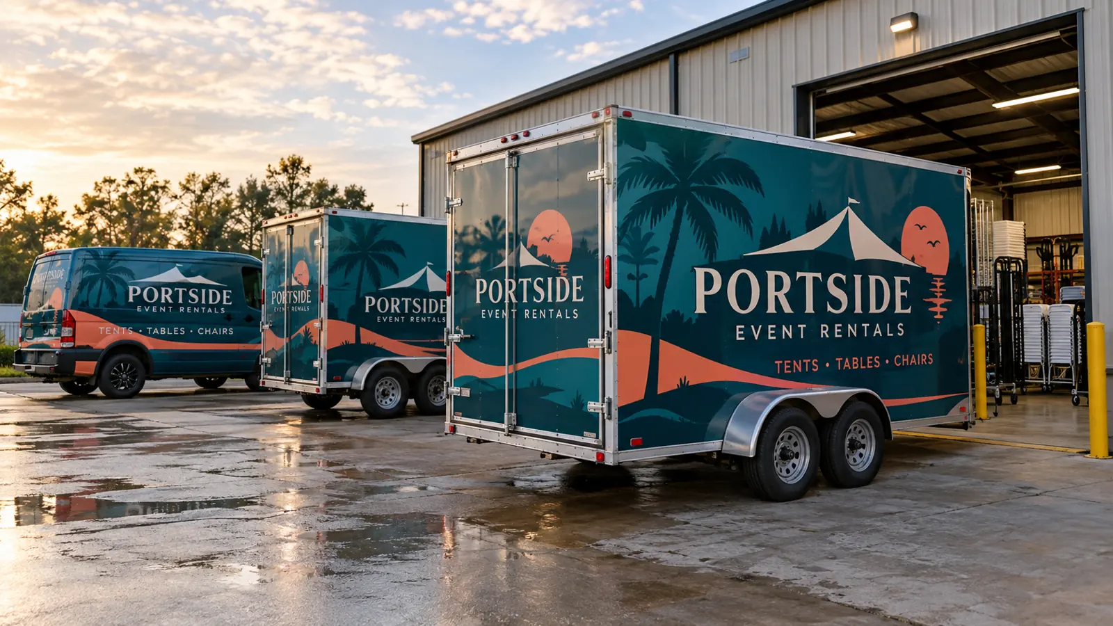 Pelican Wraps installation-scheduling-page-2689 original concept Portside Event Rentals trailers and van for the scheduling guide, fictional design concept