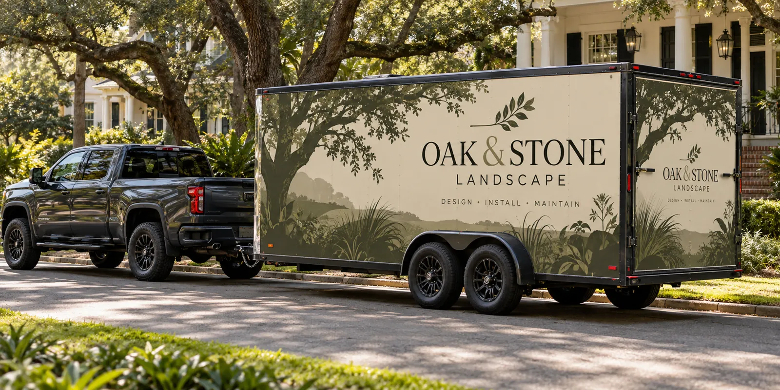 Oak and Stone Landscape pickup and enclosed-trailer branding, fictional design concept