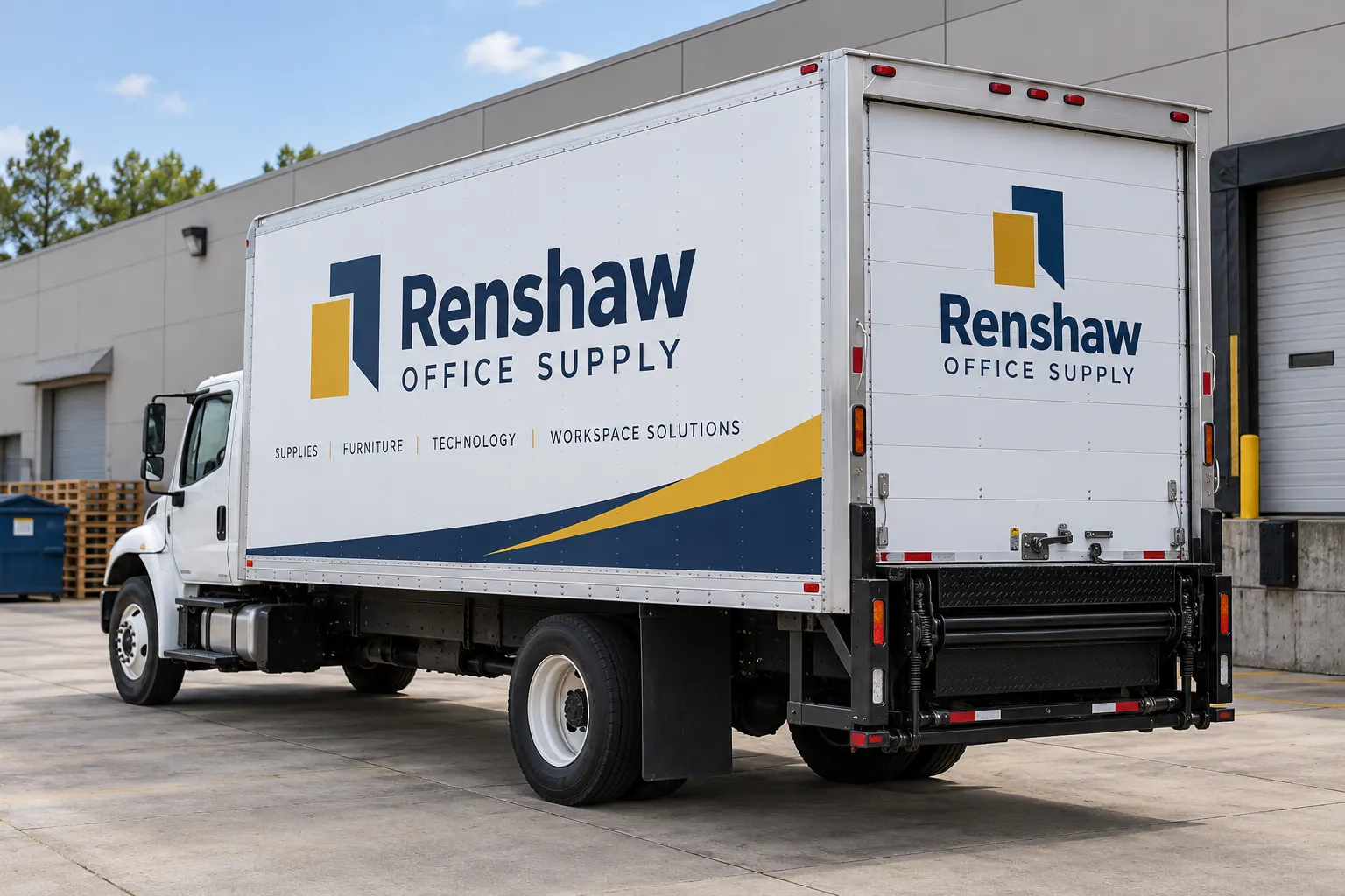 Liftgate Delivery Truck Branding Layout — fictional commercial concept Fictional Renshaw Office Supply box truck rear layout with stored liftgate visible