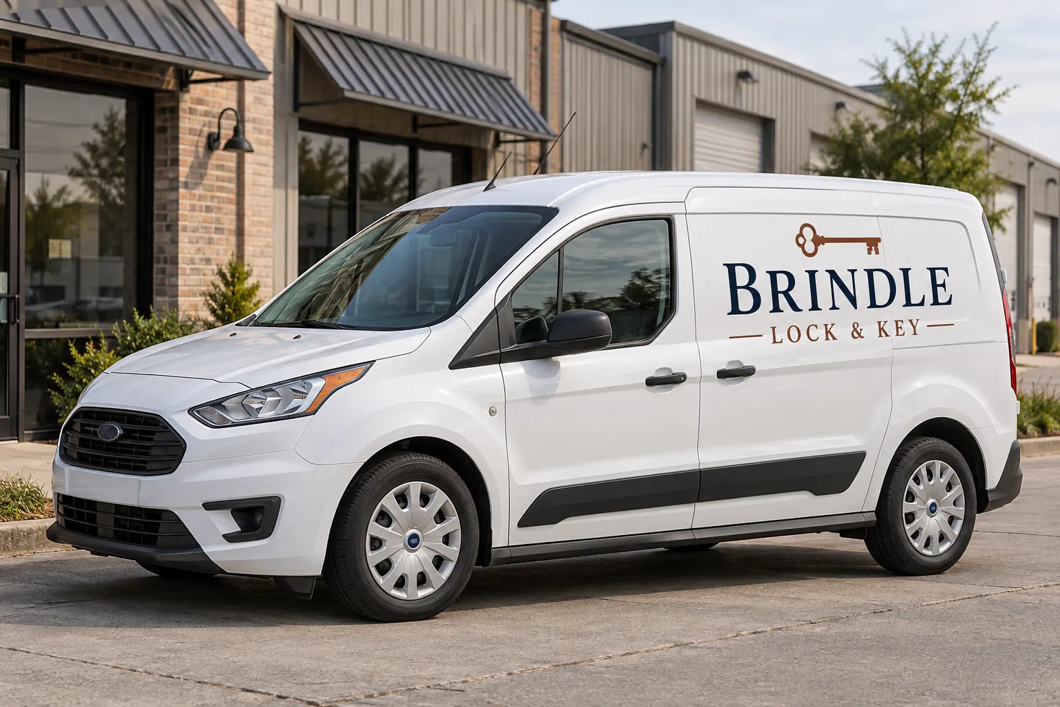 Locksmith Service Vehicle Graphics — fictional commercial concept Fictional Brindle Lock and Key compact white van with navy and copper door lettering