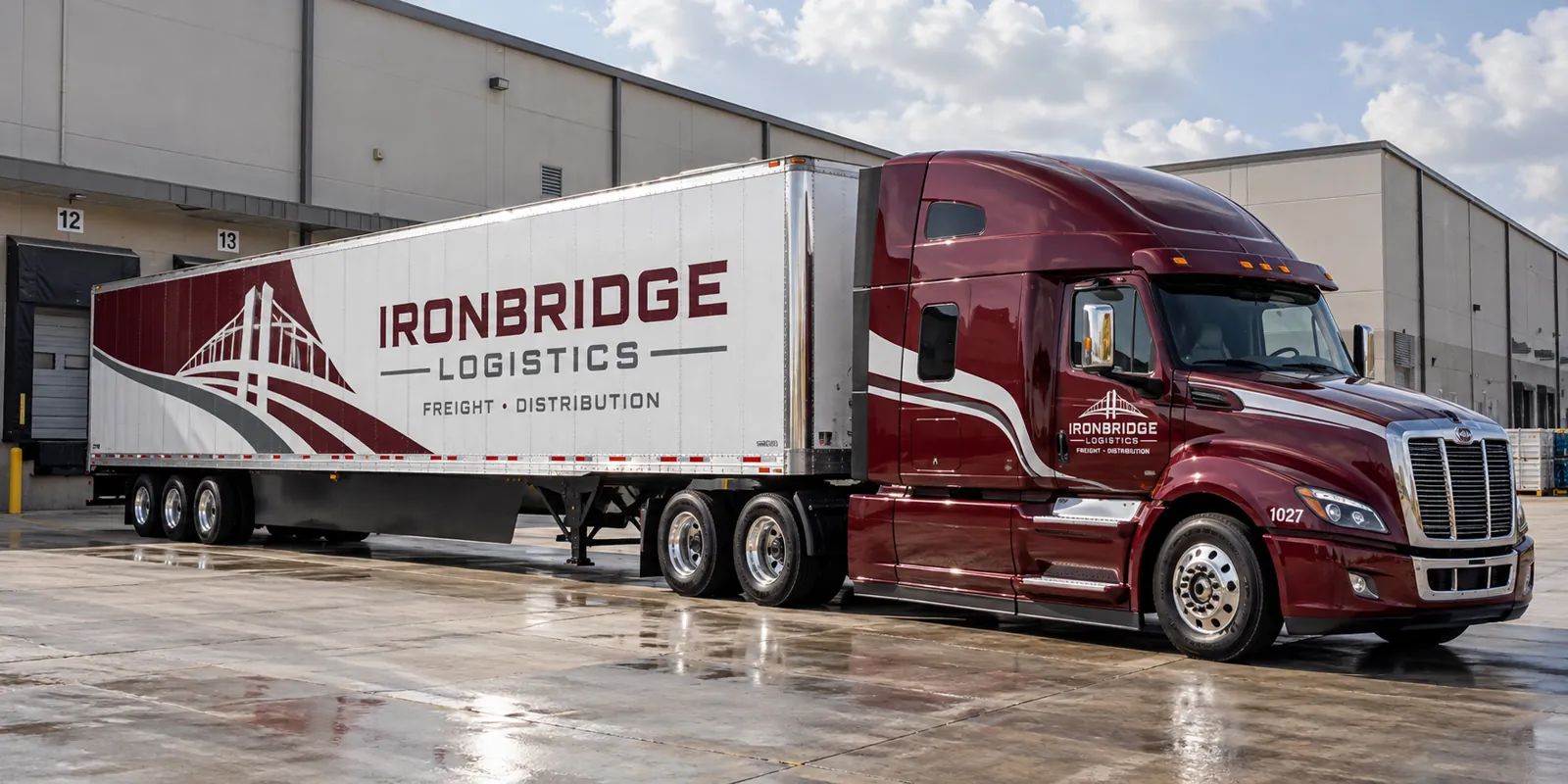 Ironbridge Logistics burgundy-and-silver tractor-trailer branding, fictional design concept