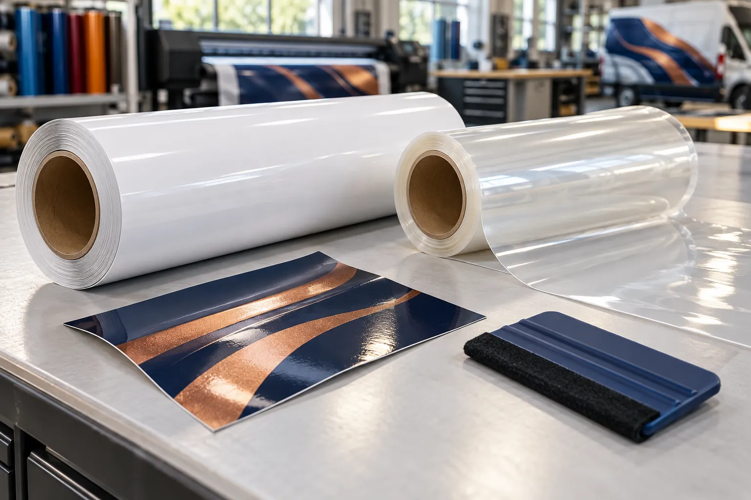 Pelican Wraps materials-workbench concept Illustrative printable vinyl, clear laminate and felt-edge squeegee on a production workbench