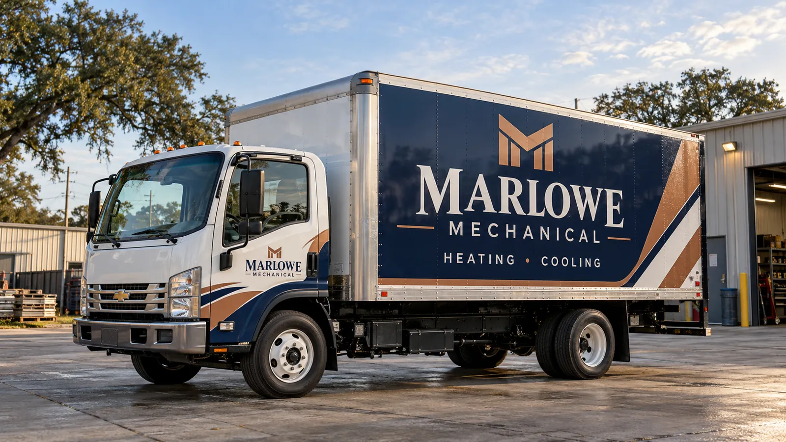 Pelican Wraps mechanical-box-truck design concept Marlowe Mechanical navy-and-copper HVAC box truck wrap, fictional design concept