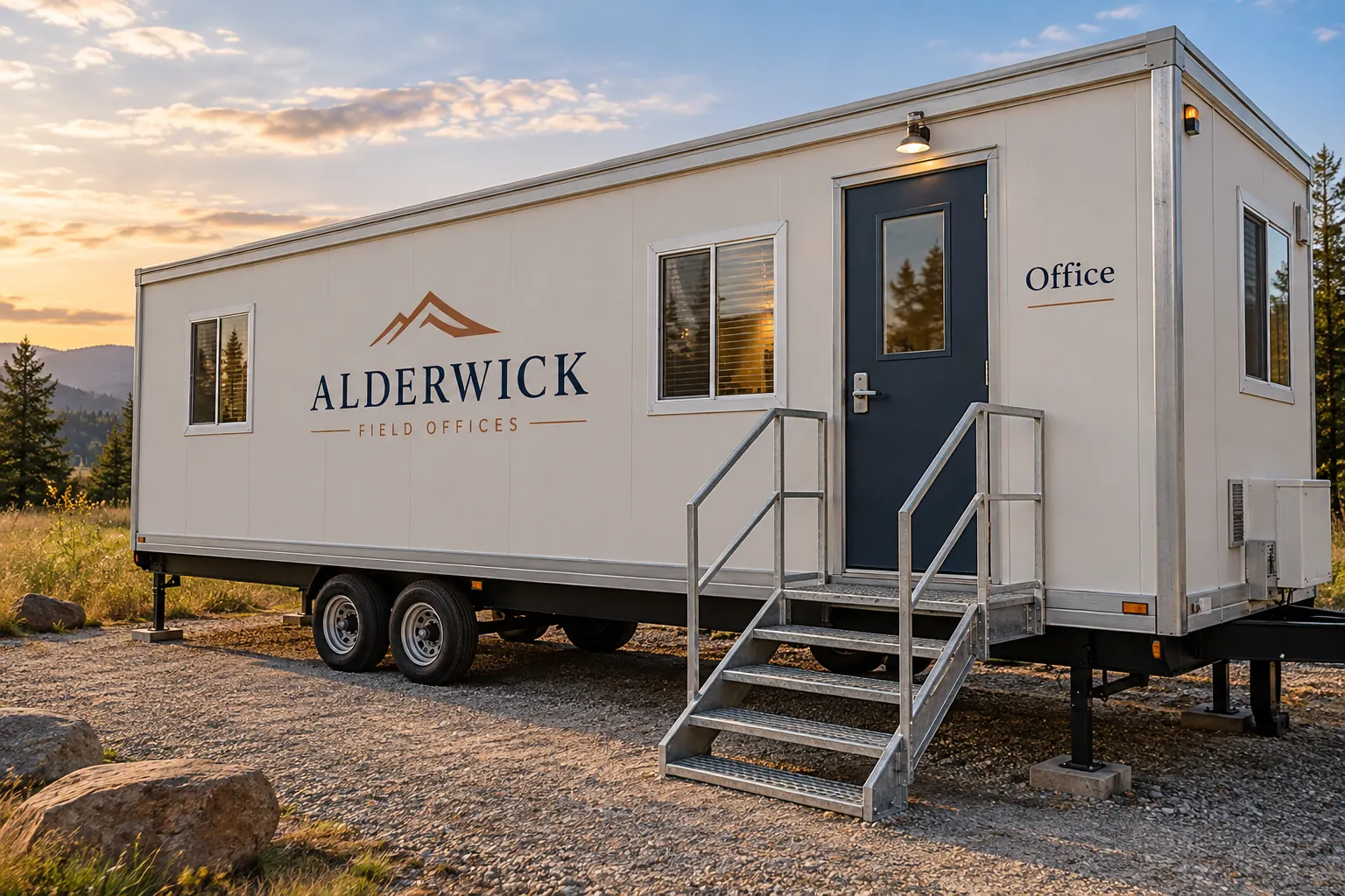 Mobile Office Trailer Identification Graphics — fictional commercial concept Fictional Alderwick Field Offices trailer with restrained company identity and a simple Office label
