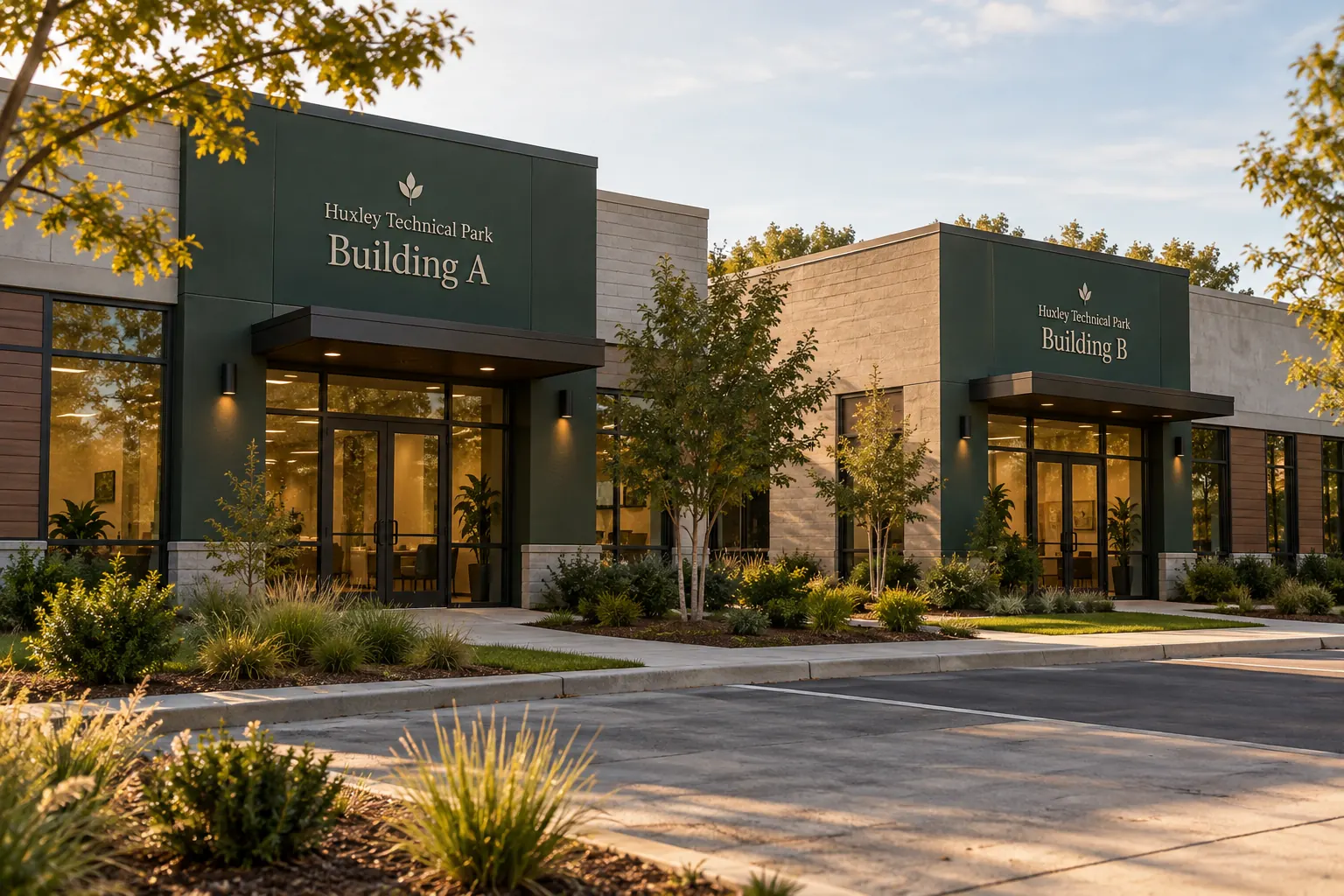 Multi-Building Graphics Naming Standards — fictional commercial concept Fictional Huxley Technical Park Building A and Building B identity concepts