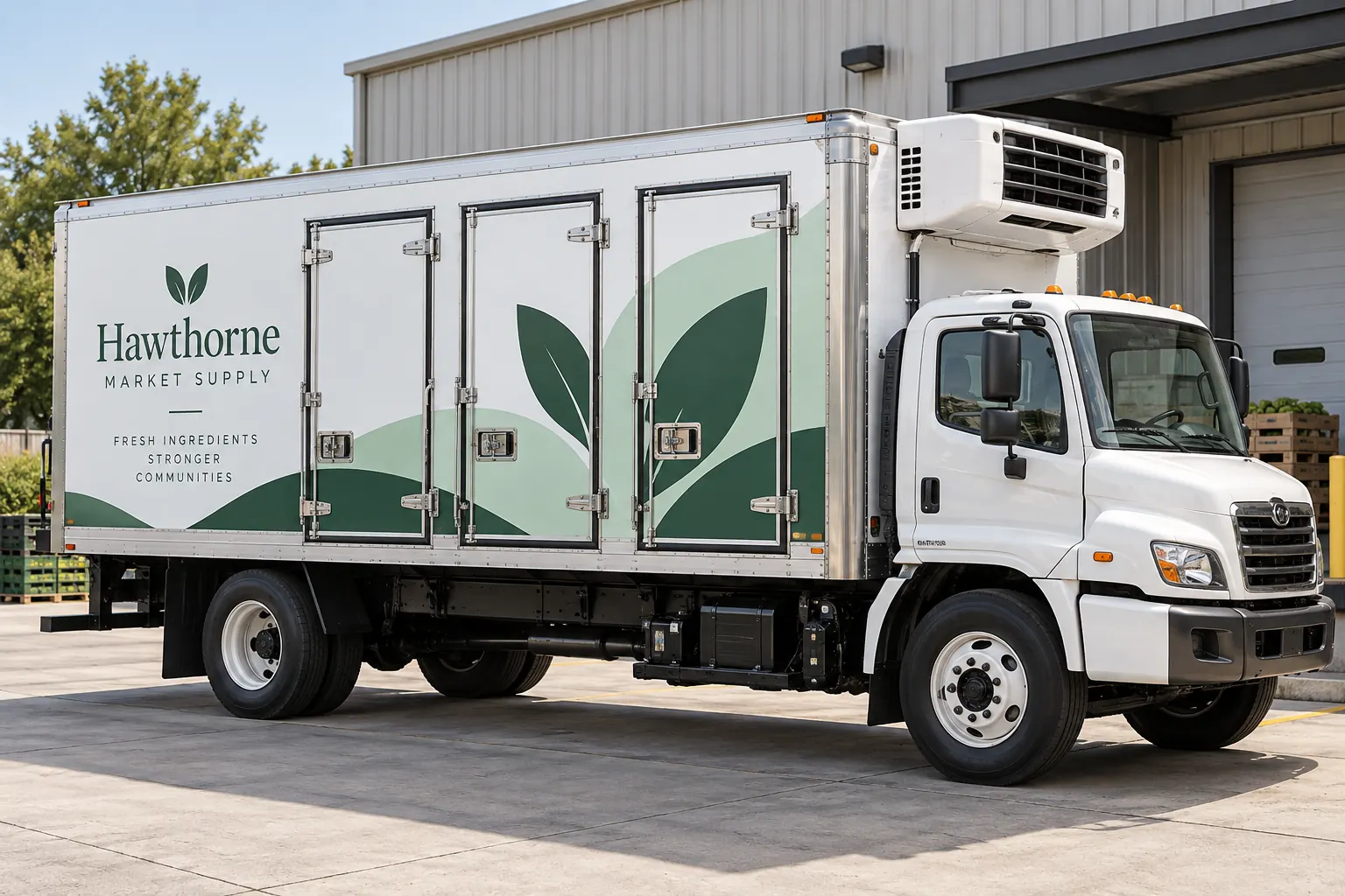 Fictional Hawthorne Market Supply refrigerated truck with three side access doors and green graphics