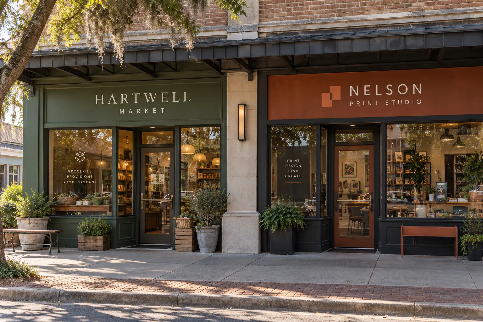 Multi-Tenant Window Graphics Responsibility Map — fictional commercial concept Fictional Hartwell Market and Nelson Print Studio frontage with separate tenant identities and entry doors