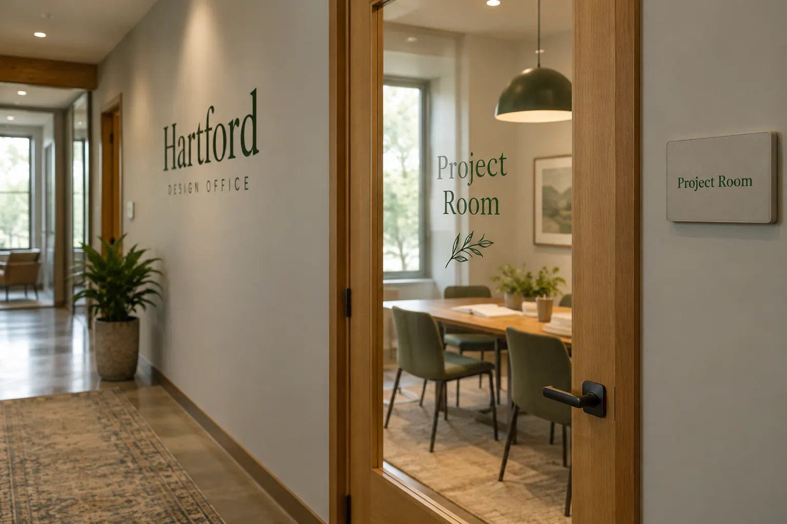 Office Room Identification Graphics — fictional commercial concept Fictional Hartford Design Office room identity concept; no accessibility-compliance representation