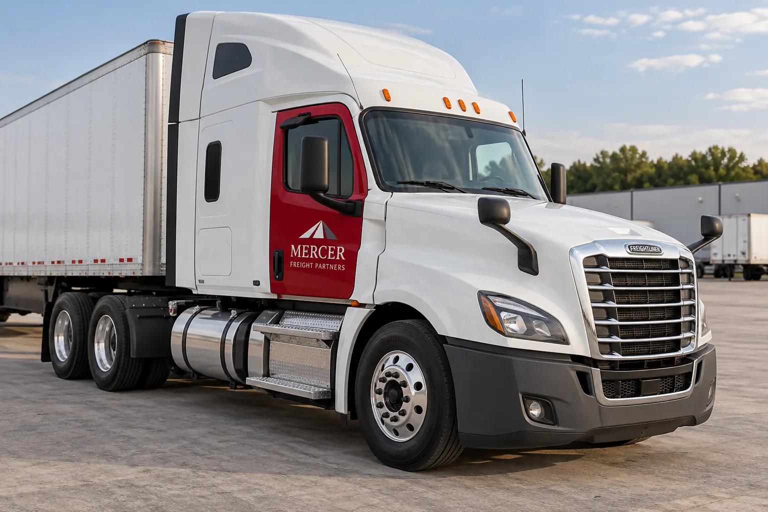 Fictional Mercer Freight Partners white semi tractor with a deep red cab-door identity