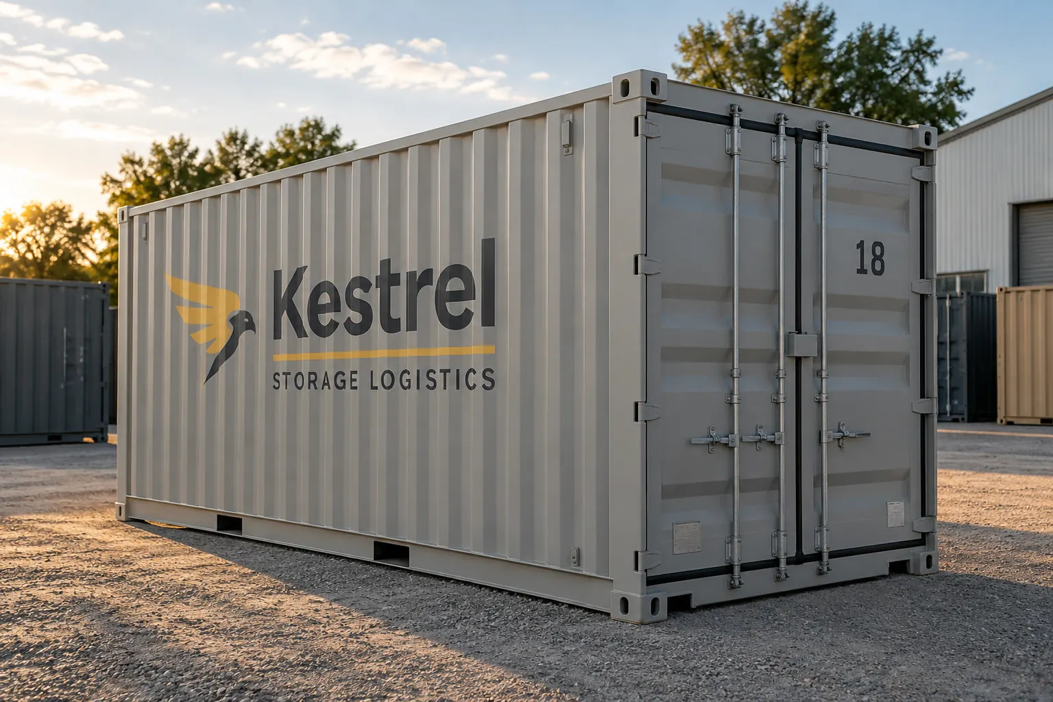 Fictional Kestrel Storage Logistics portable container with restrained side identity and unit number 18
