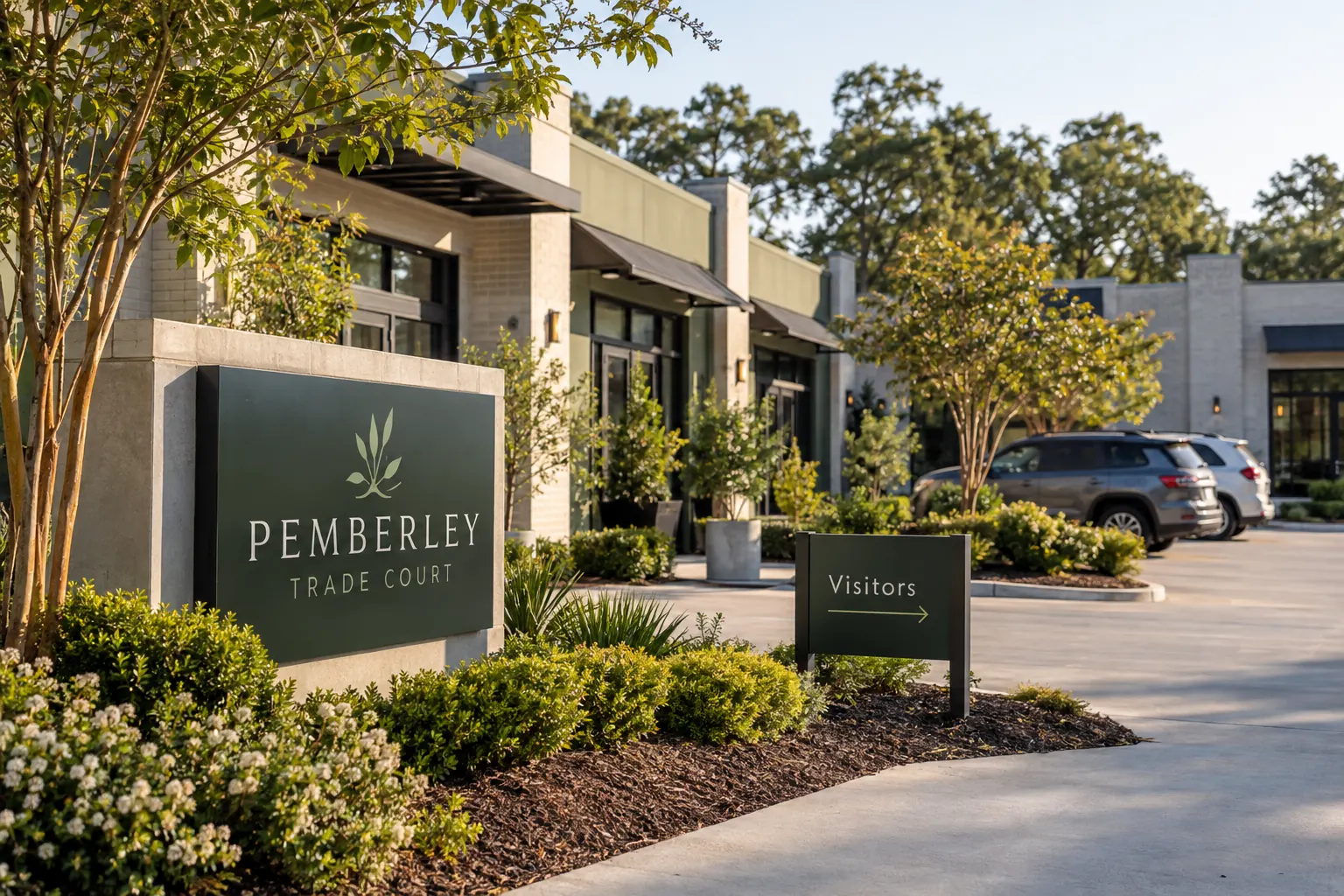 Property Parking Zone Graphics — fictional commercial concept Fictional Pemberley Trade Court visitor identification concept; no parking-allocation or compliance claim