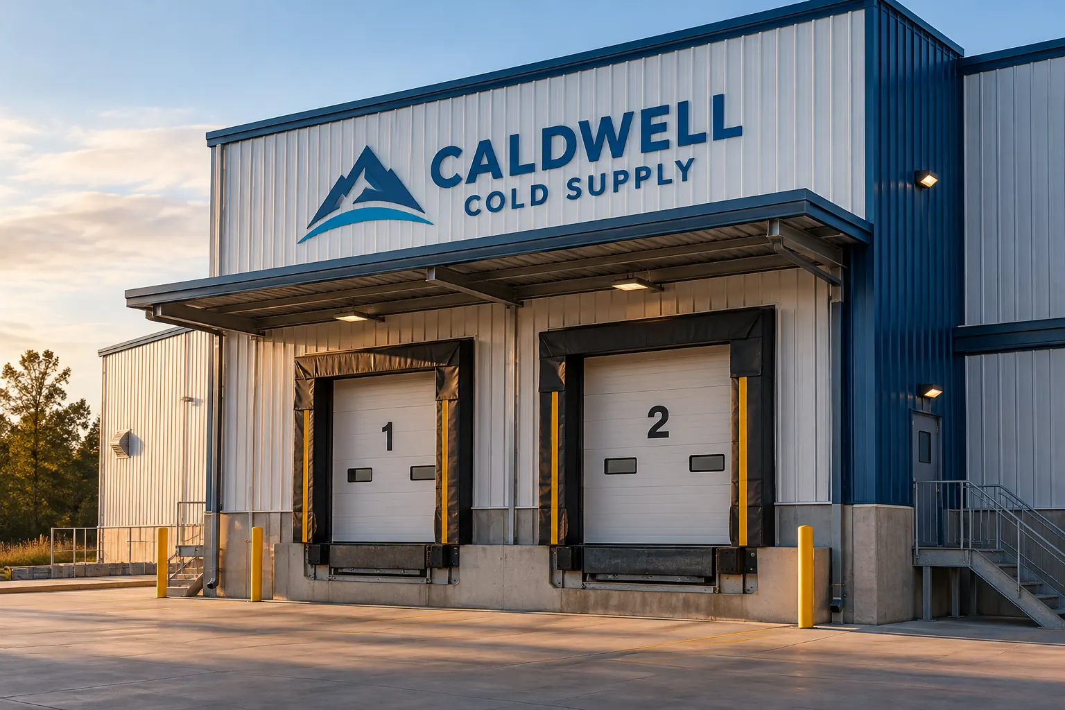 Receiving Door Identification Graphics — fictional commercial concept Fictional Caldwell Cold Supply receiving frontage with plain door identifiers 1 and 2