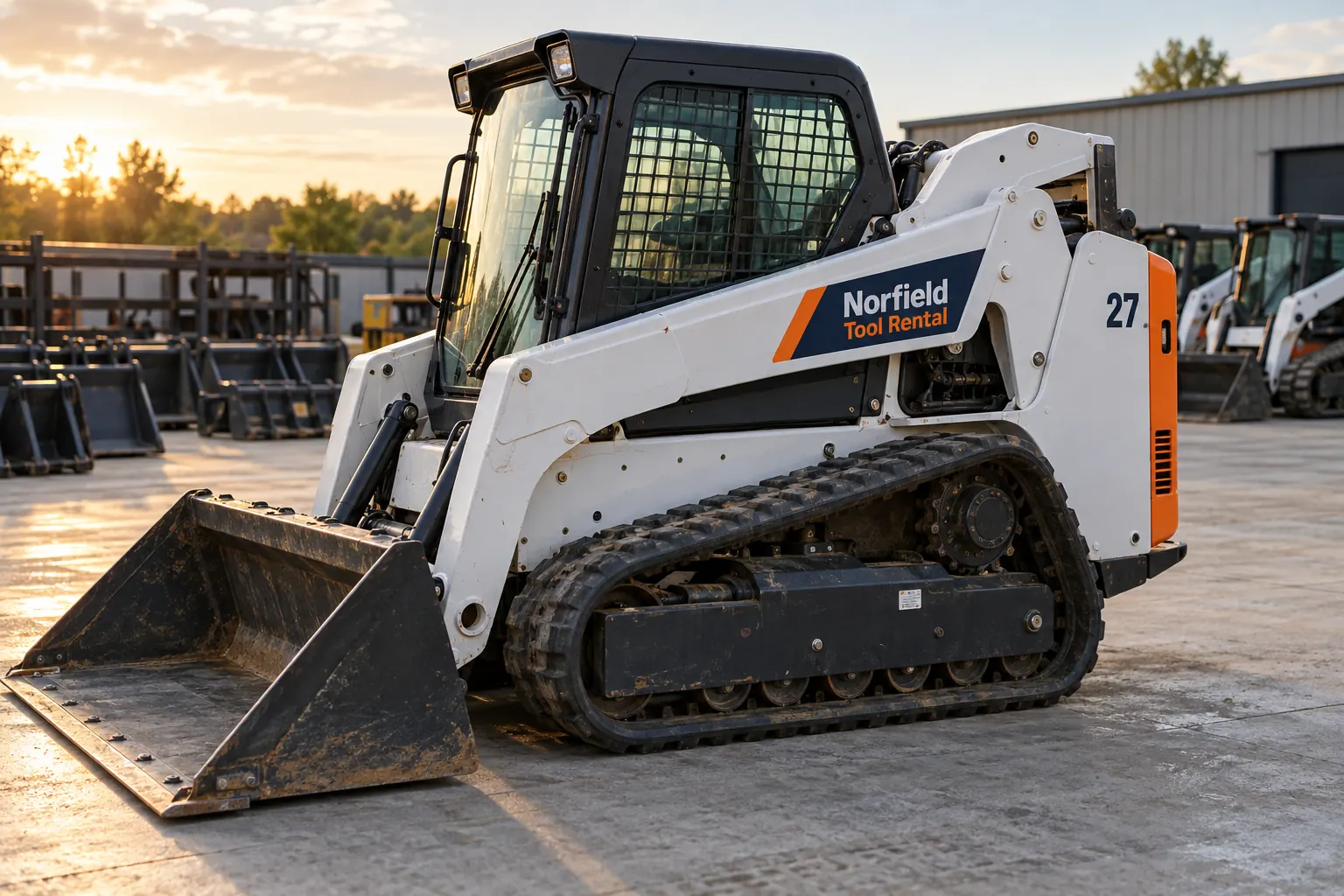 Rental Equipment Unit Number Decals — fictional commercial concept Fictional Norfield Tool Rental machine with separate unit number 27 and a modest company identity