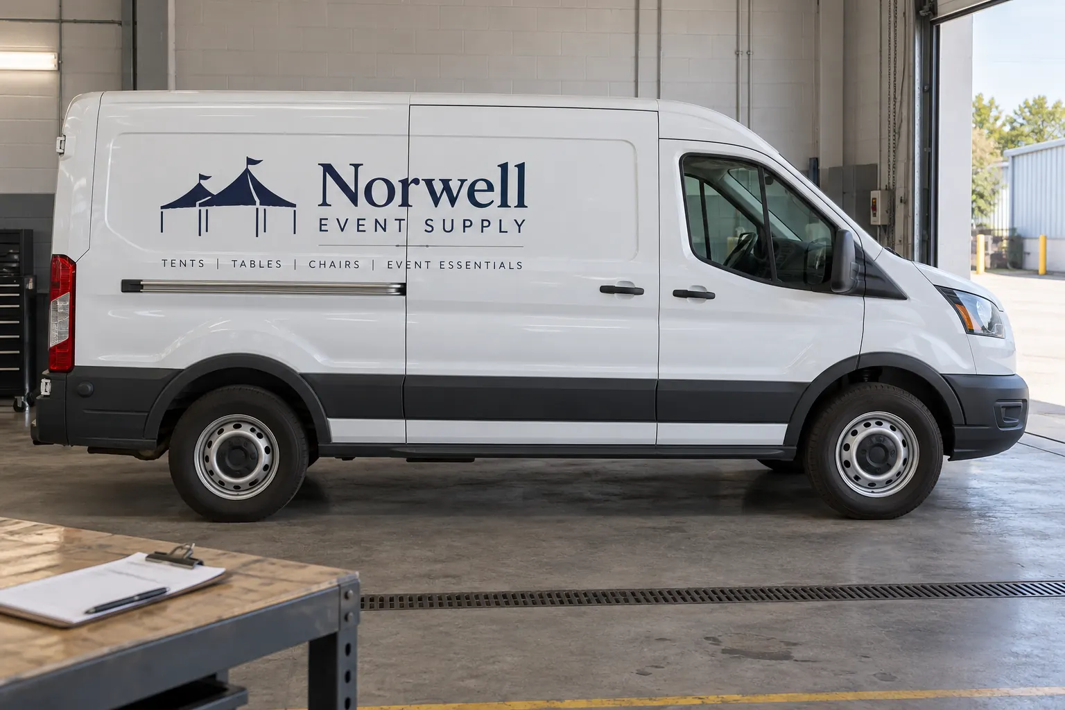 Fictional Norwell Event Supply white van awaiting a graphics condition and return-scope review