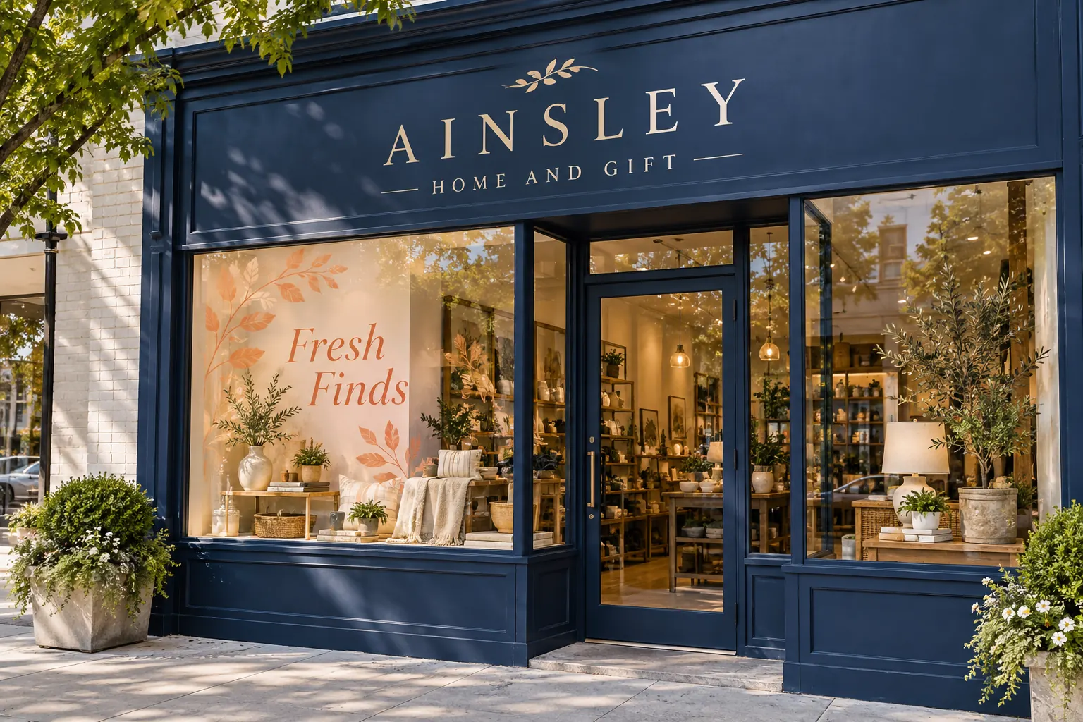 Retail Window Campaign Changeover Plan — fictional commercial concept Fictional Ainsley Home and Gift storefront with separate permanent identity and Fresh Finds window campaign