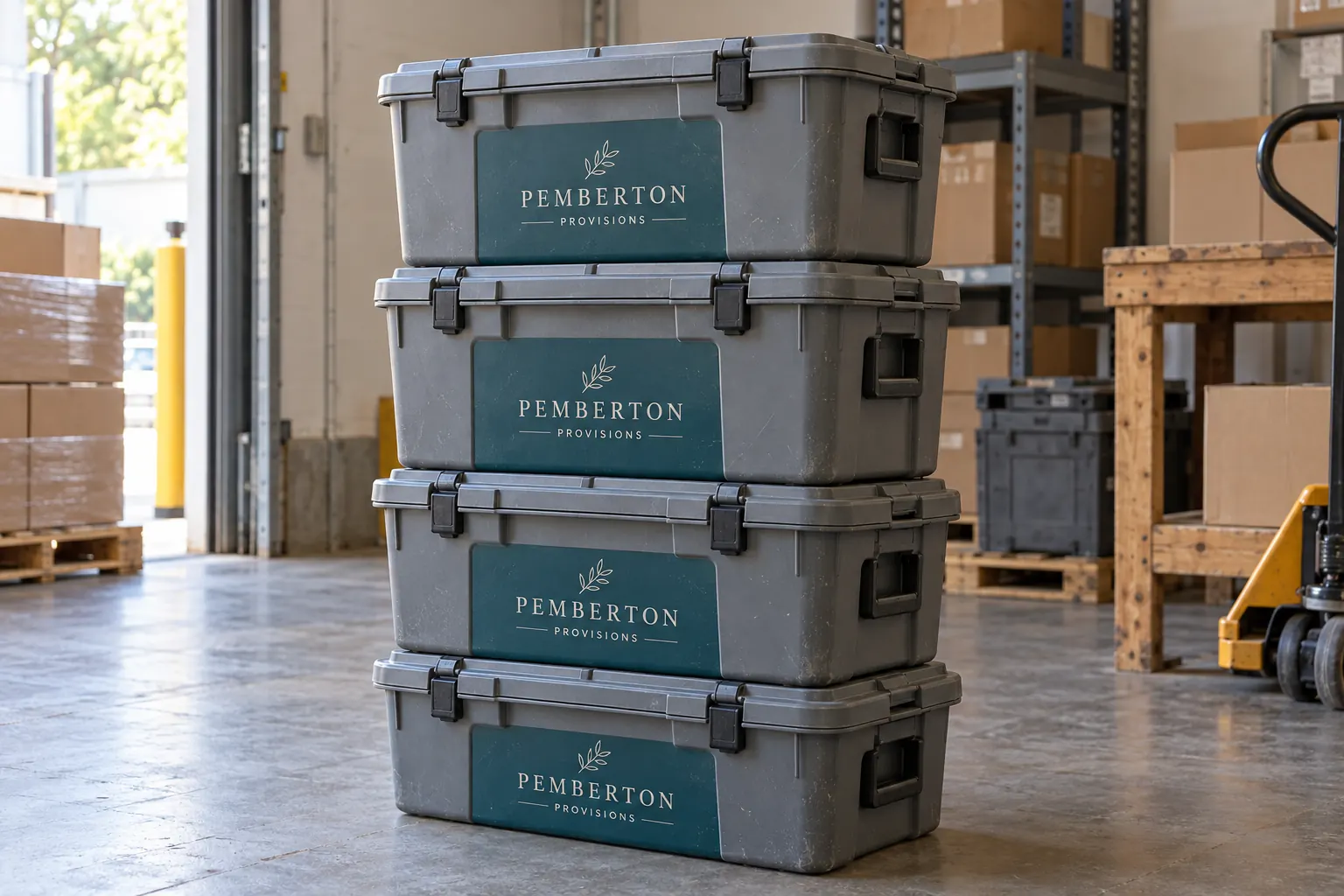 Reusable Delivery Tote Graphics — fictional commercial concept Fictional Pemberton Provisions grey reusable totes with restrained teal exterior company panels