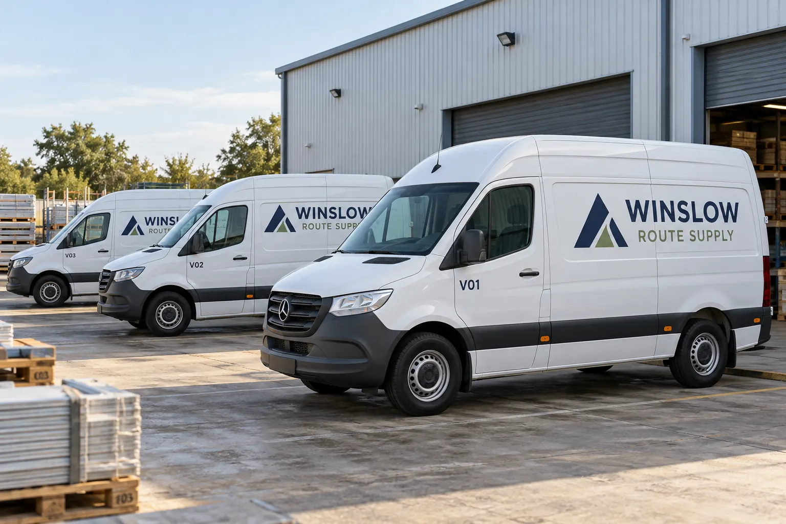 Route Vehicle Contact Information Standards — fictional commercial concept Fictional Winslow Route Supply vans with consistent navy and sage identity and unit labels