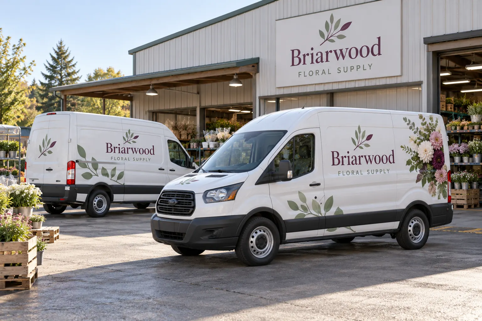 Seasonal Delivery Fleet Graphics Plan — fictional commercial concept Fictional Briarwood Floral Supply vans with plum and green botanical graphics