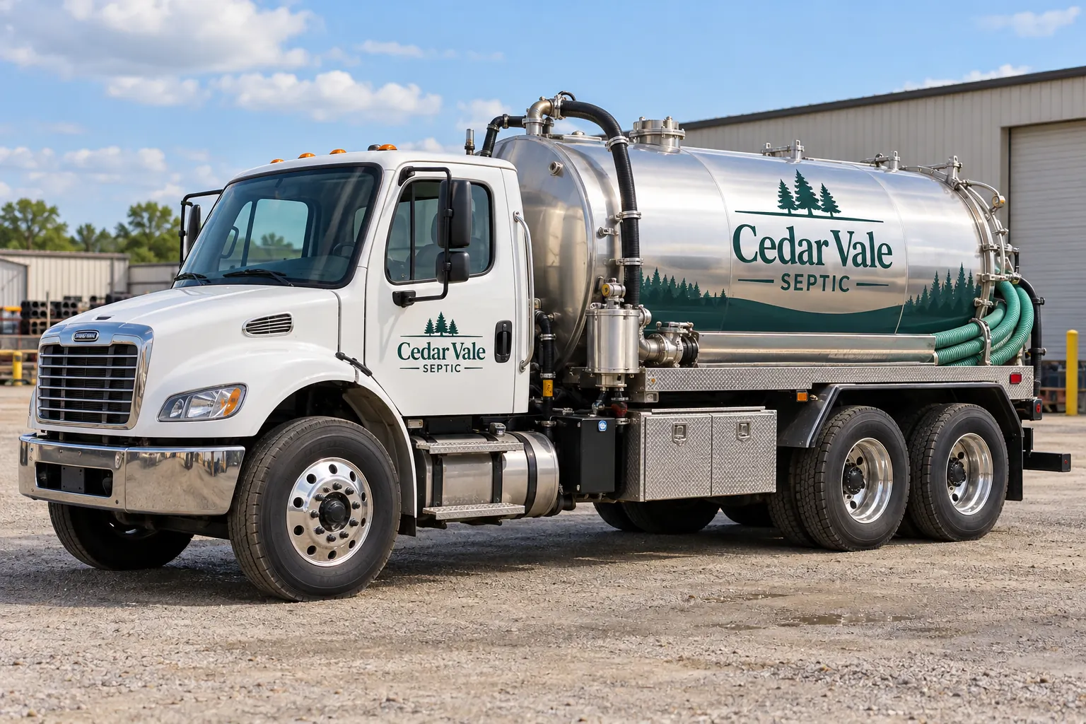 Septic Service Truck Graphics — fictional commercial concept Fictional Cedar Vale Septic vacuum tanker with teal cab identity and tank-side graphics