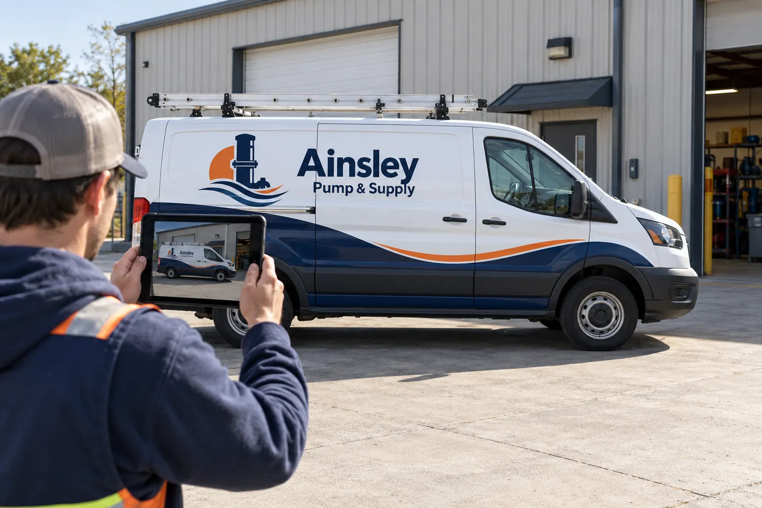 Ainsley Pump and Supply van photographed with a tablet, fictional fleet photo workflow concept
